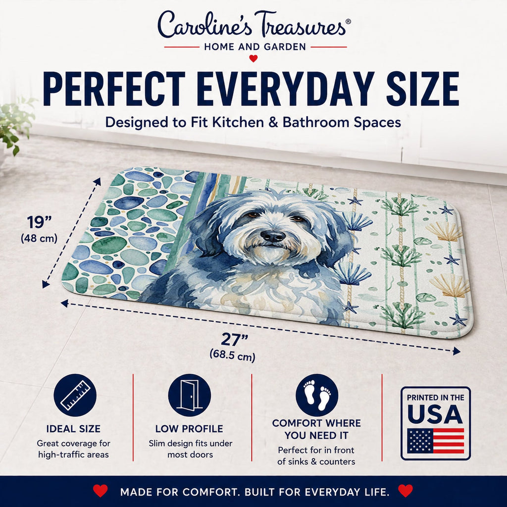 Blue and White Old English Sheepdog Coastal Sea Glass Memory Foam Kitchen Mat Machine Washable Anti-Fatigue Cushion Comfort Bath or Kitchen Rug