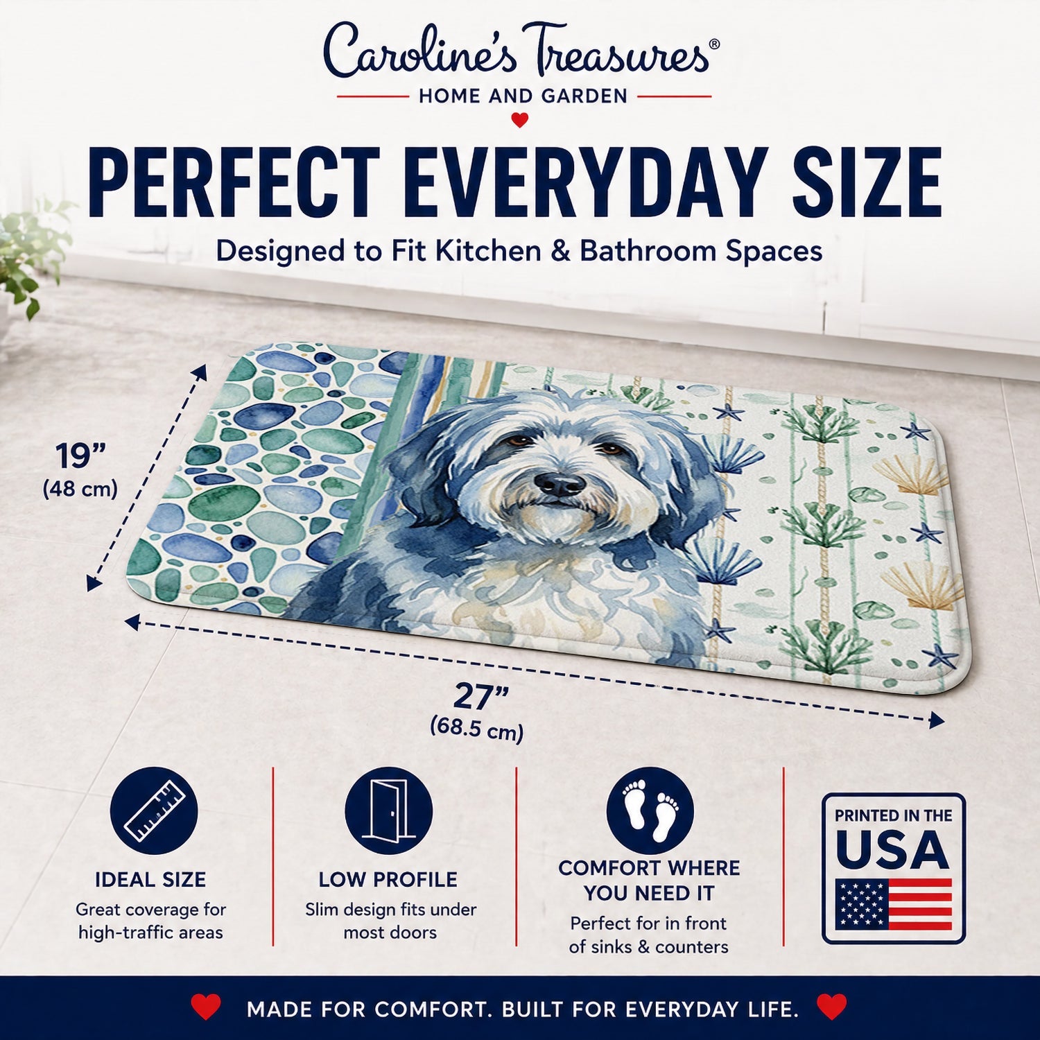 Blue and White Old English Sheepdog Coastal Sea Glass Memory Foam Kitchen Mat Machine Washable Anti-Fatigue Cushion Comfort Bath or Kitchen Rug