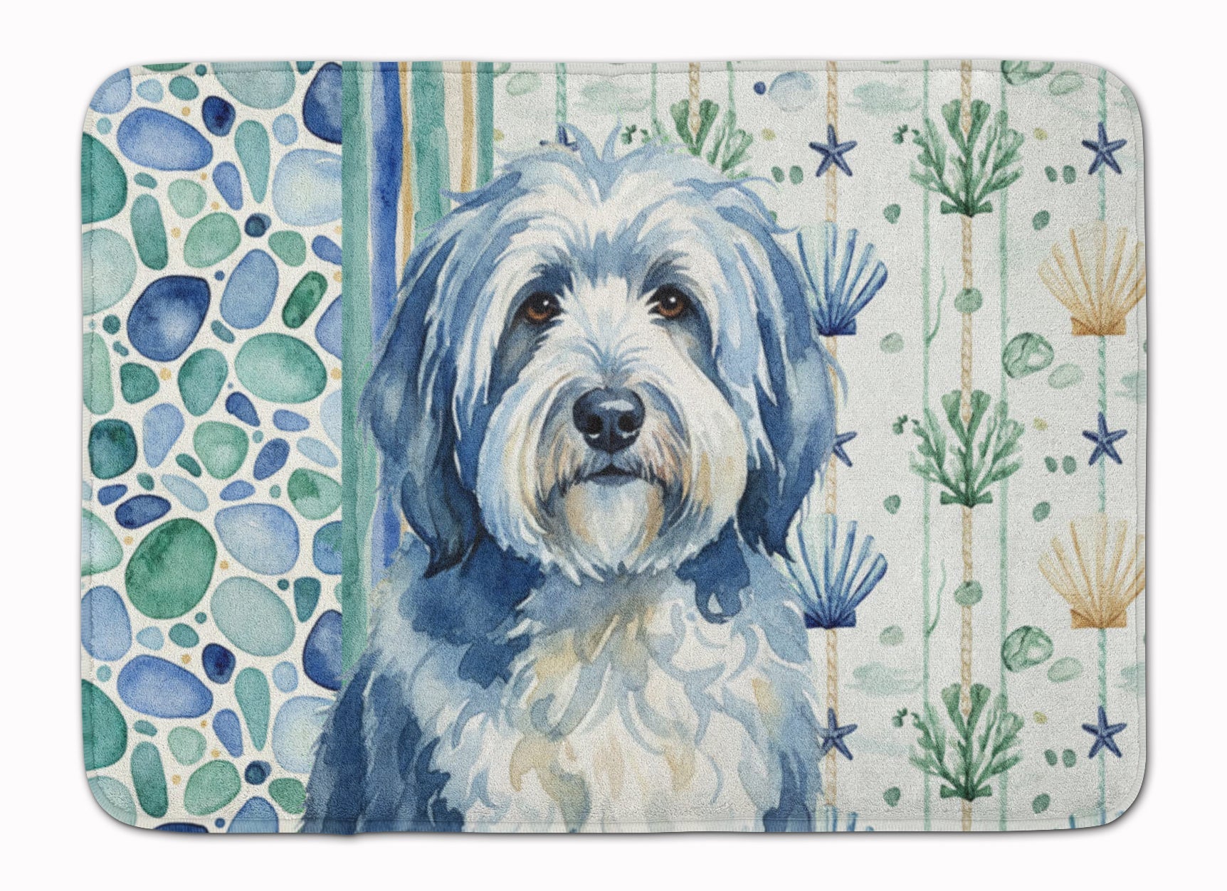 Blue and White Old English Sheepdog Coastal Sea Glass Memory Foam Kitchen Mat Machine Washable Anti-Fatigue Cushion Comfort Bath or Kitchen Rug