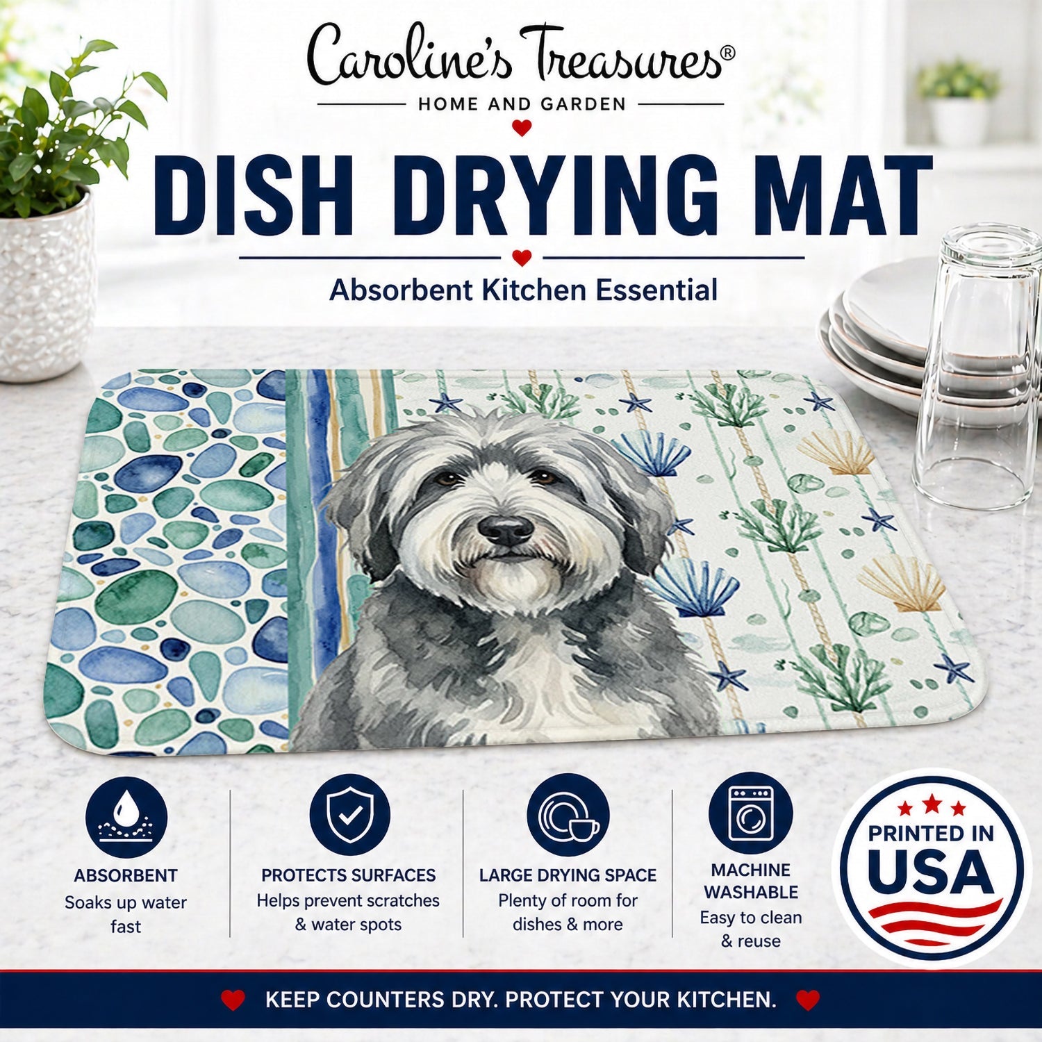 Gray and White Old English Sheepdog Coastal Sea Glass Dish Drying Mat Absorbent Dish Drying Mat Pad for Kitchen Counter Dish Drainer Mat for Countertop, 14 x 21", Multicolor