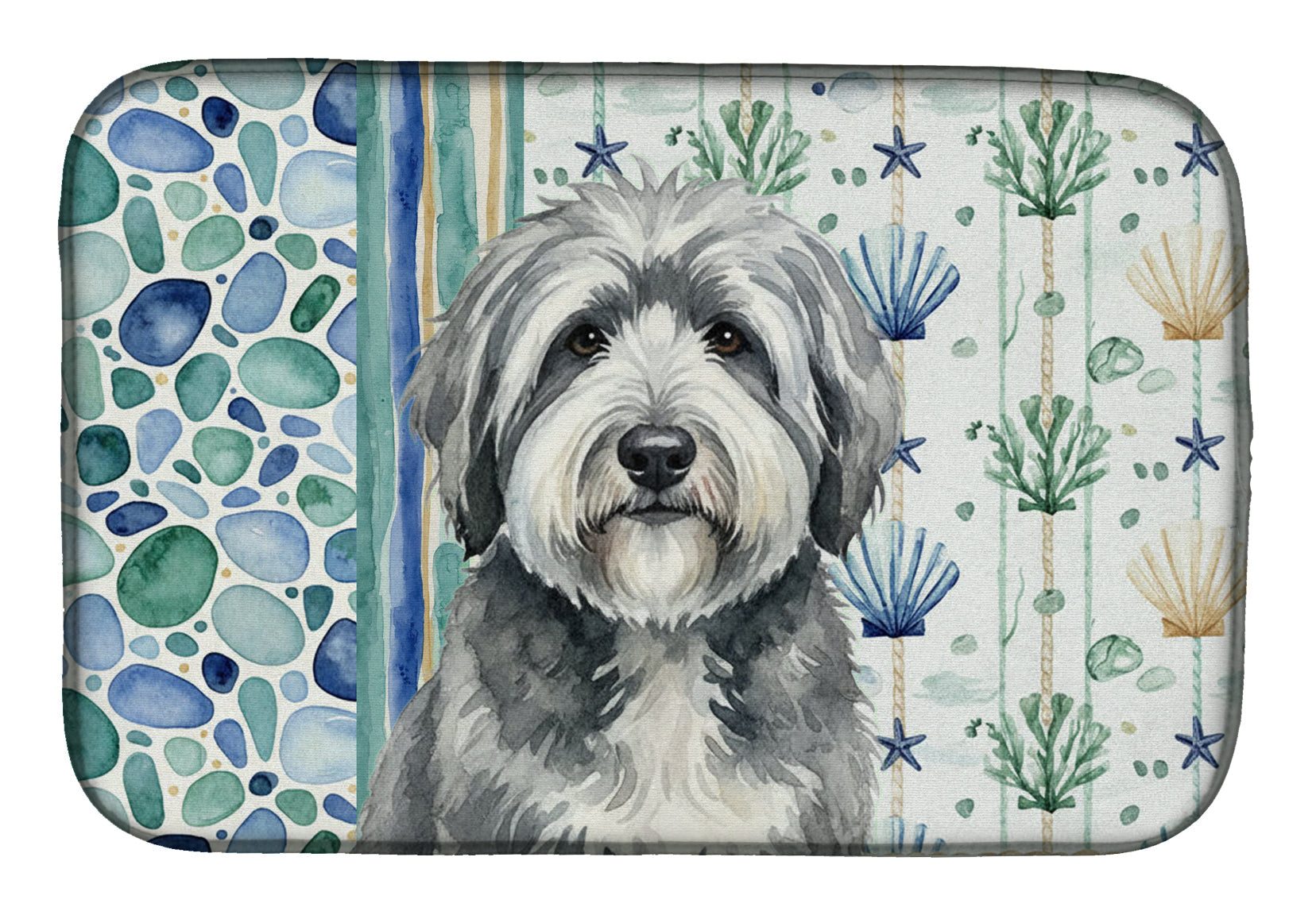 Gray and White Old English Sheepdog Coastal Sea Glass Dish Drying Mat Absorbent Dish Drying Mat Pad for Kitchen Counter Dish Drainer Mat for Countertop, 14 x 21", Multicolor