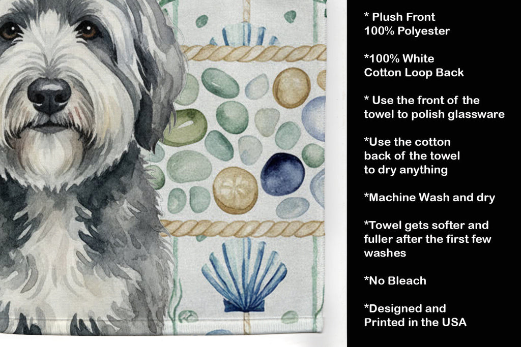 Gray and White Old English Sheepdog Coastal Sea Glass Kitchen Towel Velour Plush Front and Cotton Loop Back Machine Washable