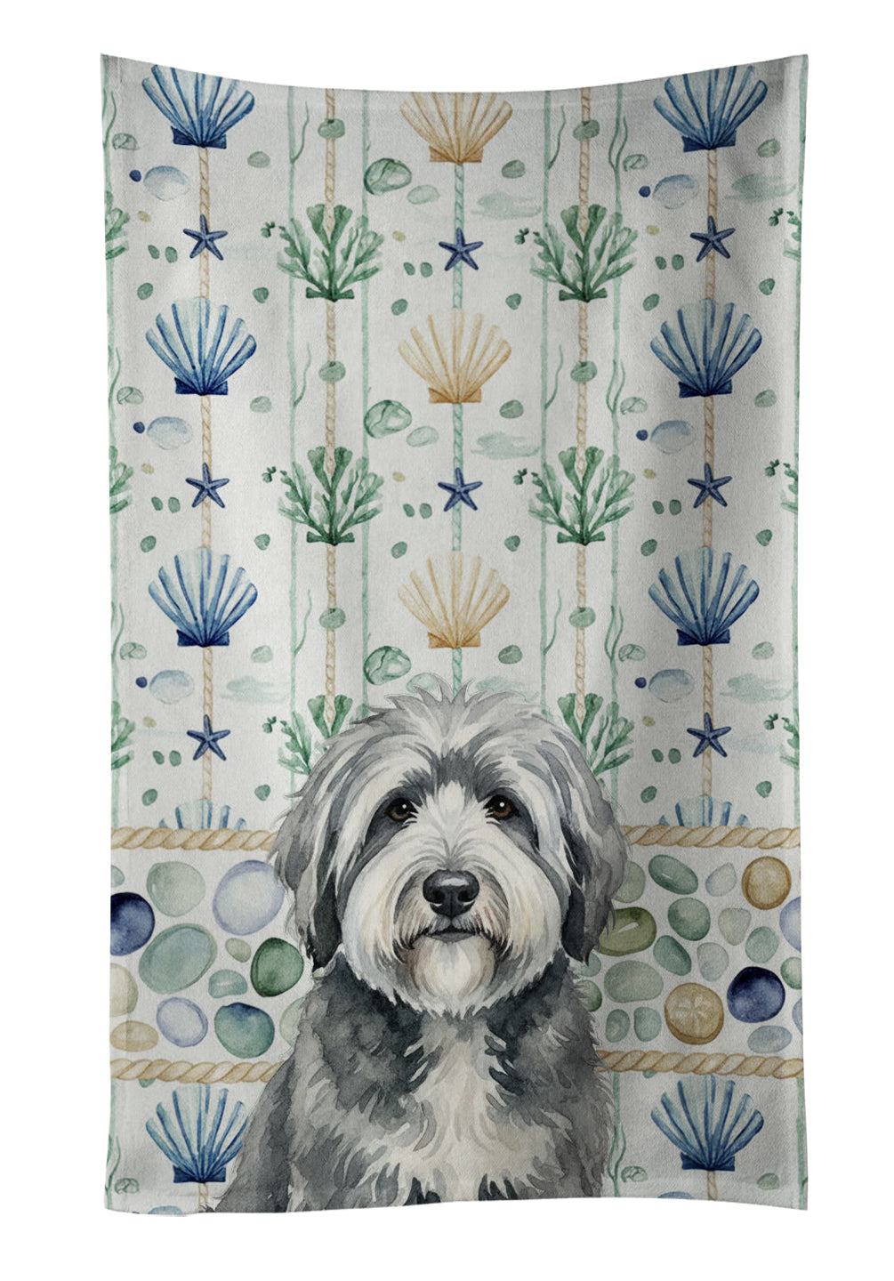 Gray and White Old English Sheepdog Coastal Sea Glass Kitchen Towel Velour Plush Front and Cotton Loop Back Machine Washable
