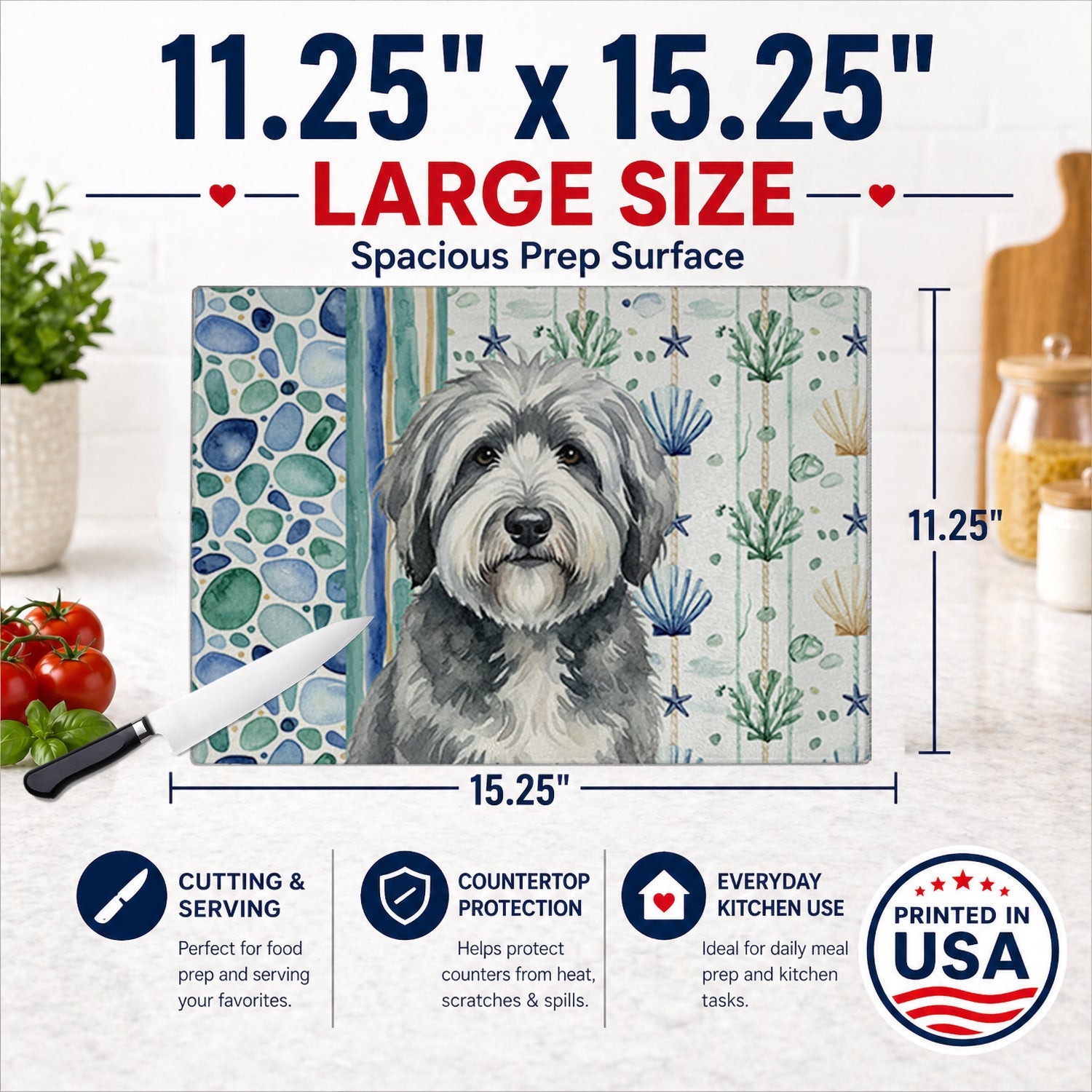 Gray and White Old English Sheepdog Coastal Sea Glass Cutting Board Tempered Glass Kitchen Cutting Surface, Heat Resistant Chopping, Non-Slip Feet, Food Prep & Serving