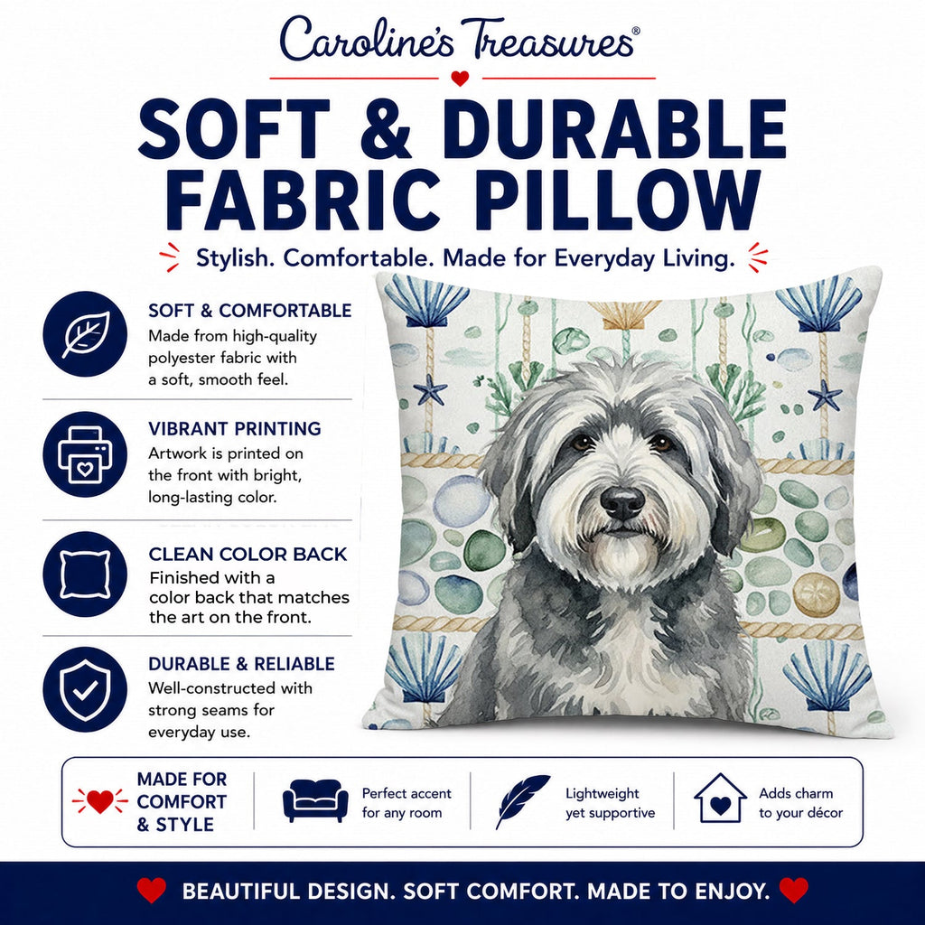 Gray and White Old English Sheepdog Coastal Sea Glass Decorative Throw Pillow 14x14 Indoor Outdoor Accent Cushion, Fabric Cover with Insert for Sofa, Bed, Porch & Living Room