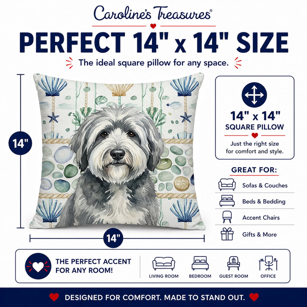 Gray and White Old English Sheepdog Coastal Sea Glass Decorative Throw Pillow 14x14 Indoor Outdoor Accent Cushion, Fabric Cover with Insert for Sofa, Bed, Porch & Living Room