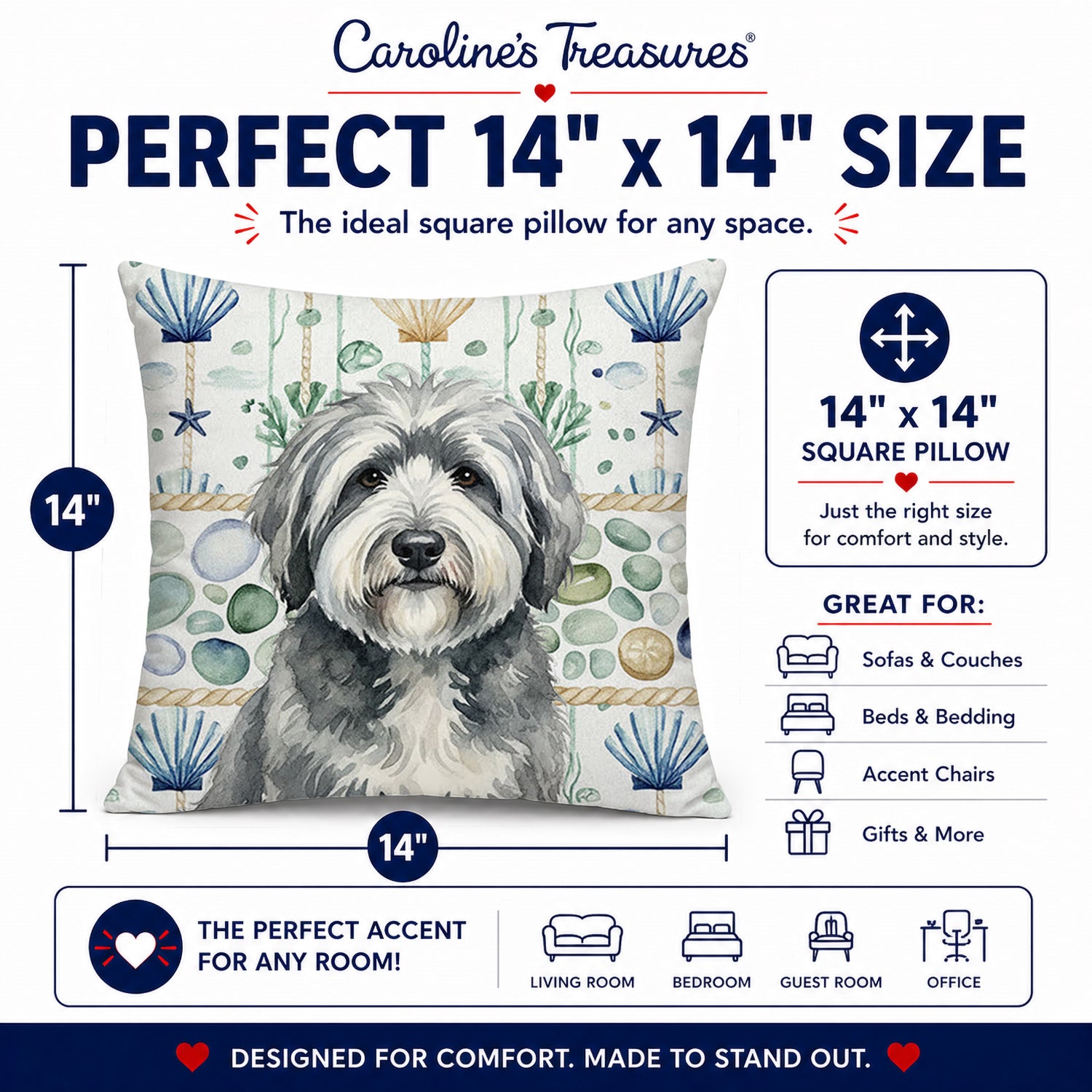 Gray and White Old English Sheepdog Coastal Sea Glass Decorative Throw Pillow 14x14 Indoor Outdoor Accent Cushion, Fabric Cover with Insert for Sofa, Bed, Porch & Living Room