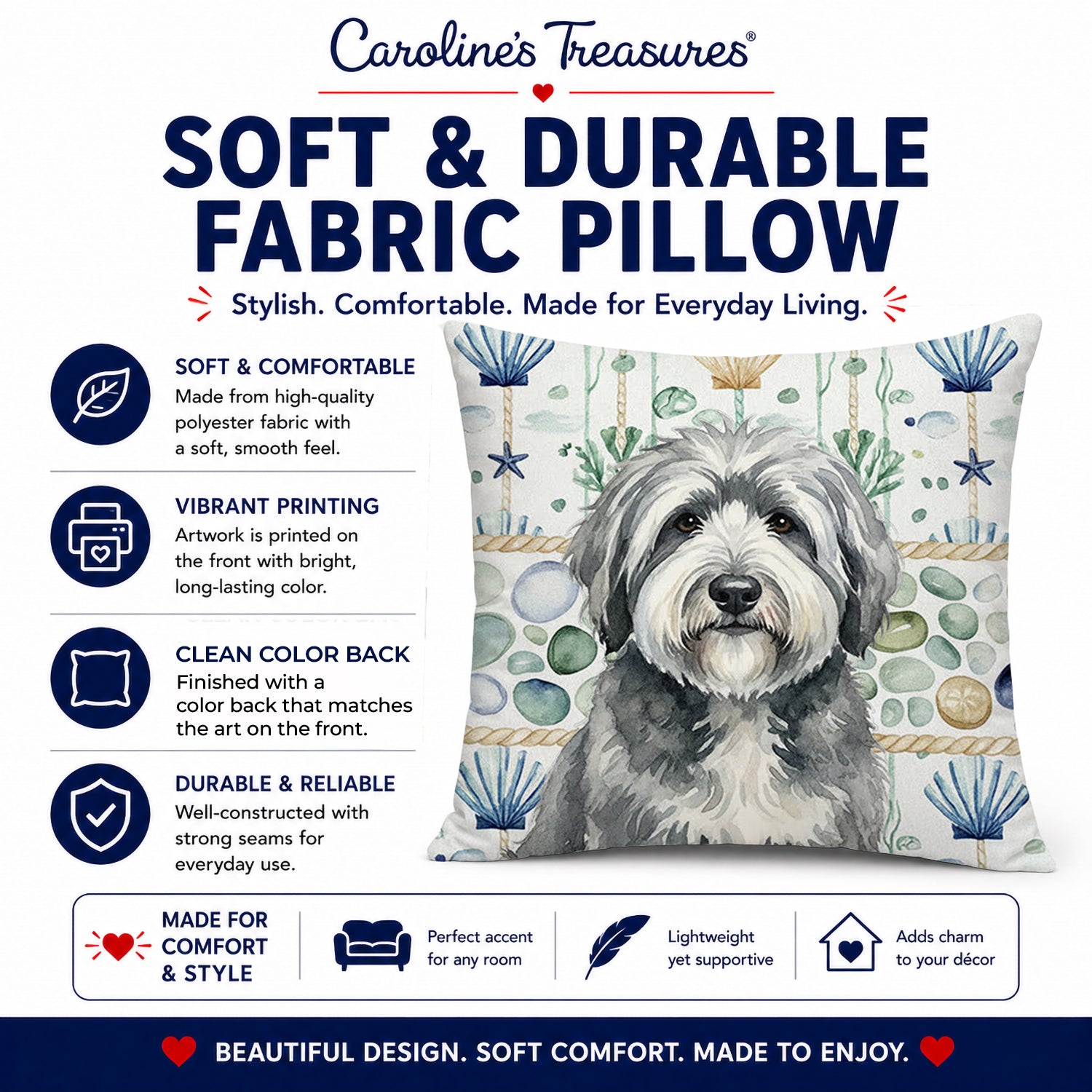 Gray and White Old English Sheepdog Coastal Sea Glass Decorative Throw Pillow 18x18 Indoor Outdoor Accent Cushion, Fabric Cover with Insert for Sofa, Bed, Porch & Living Room