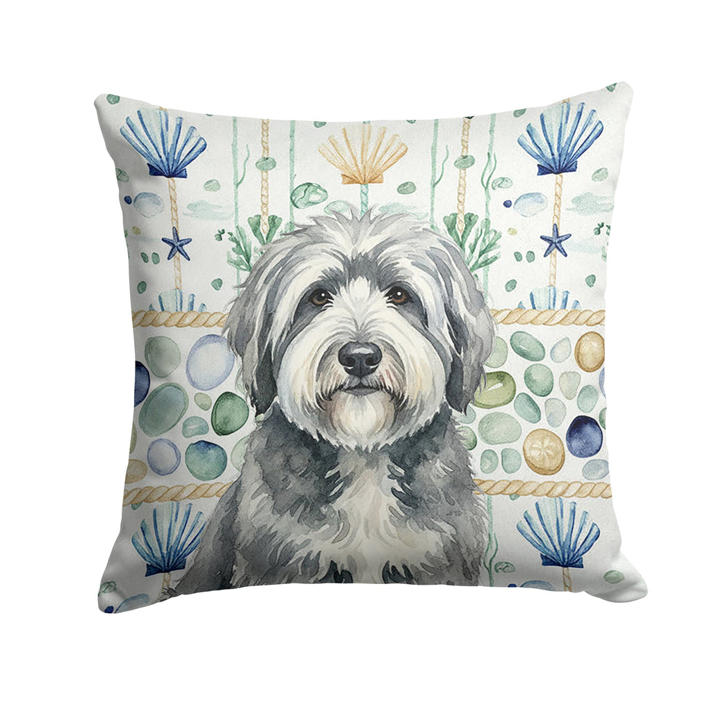 Gray and White Old English Sheepdog Coastal Sea Glass Decorative Throw Pillow 18x18 Indoor Outdoor Accent Cushion, Fabric Cover with Insert for Sofa, Bed, Porch & Living Room