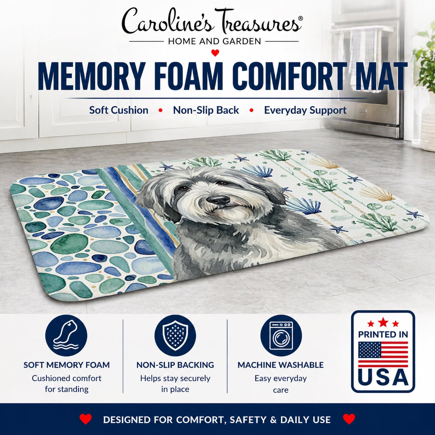 Gray and White Old English Sheepdog Coastal Sea Glass Memory Foam Kitchen Mat Machine Washable Anti-Fatigue Cushion Comfort Bath or Kitchen Rug