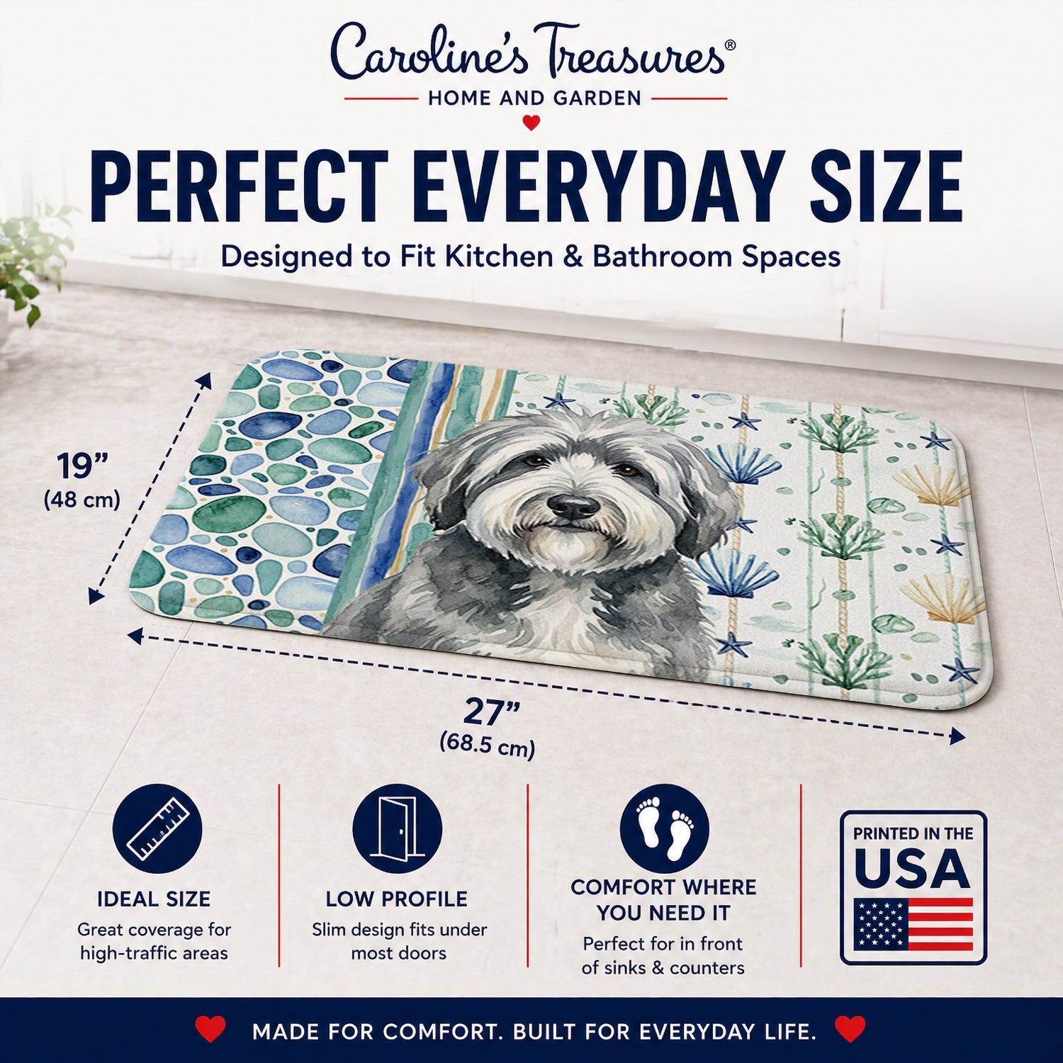 Gray and White Old English Sheepdog Coastal Sea Glass Memory Foam Kitchen Mat Machine Washable Anti-Fatigue Cushion Comfort Bath or Kitchen Rug