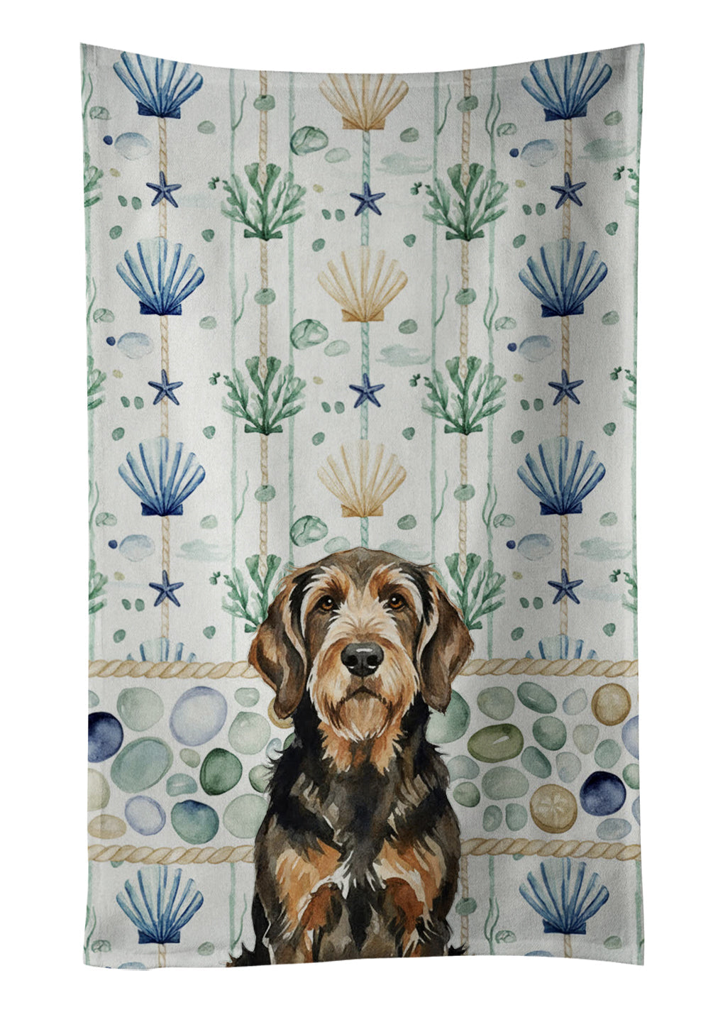 Black and Tan Otterhound Coastal Sea Glass Kitchen Towel Velour Plush Front and Cotton Loop Back Machine Washable
