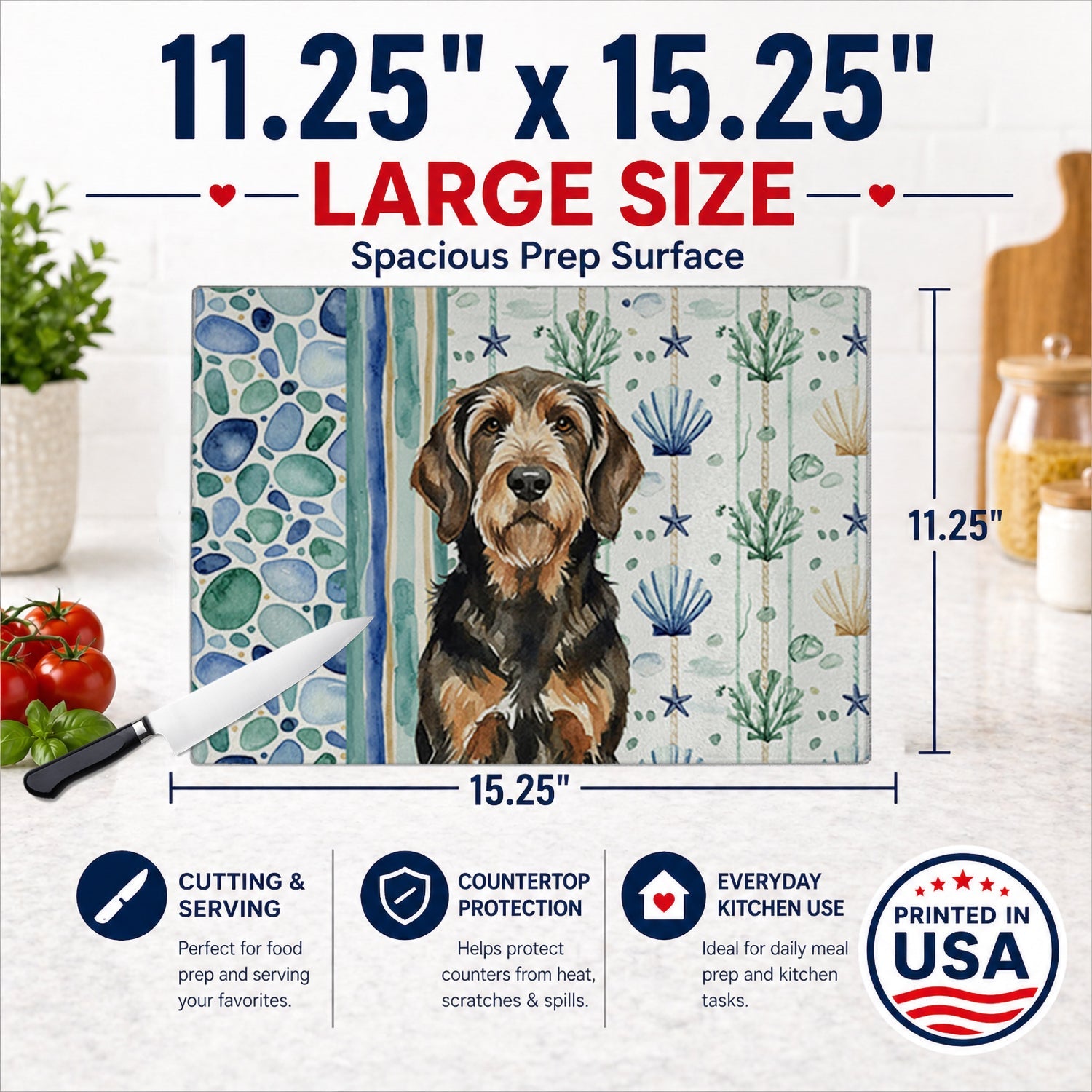 Black and Tan Otterhound Coastal Sea Glass Cutting Board Tempered Glass Kitchen Cutting Surface, Heat Resistant Chopping, Non-Slip Feet, Food Prep & Serving