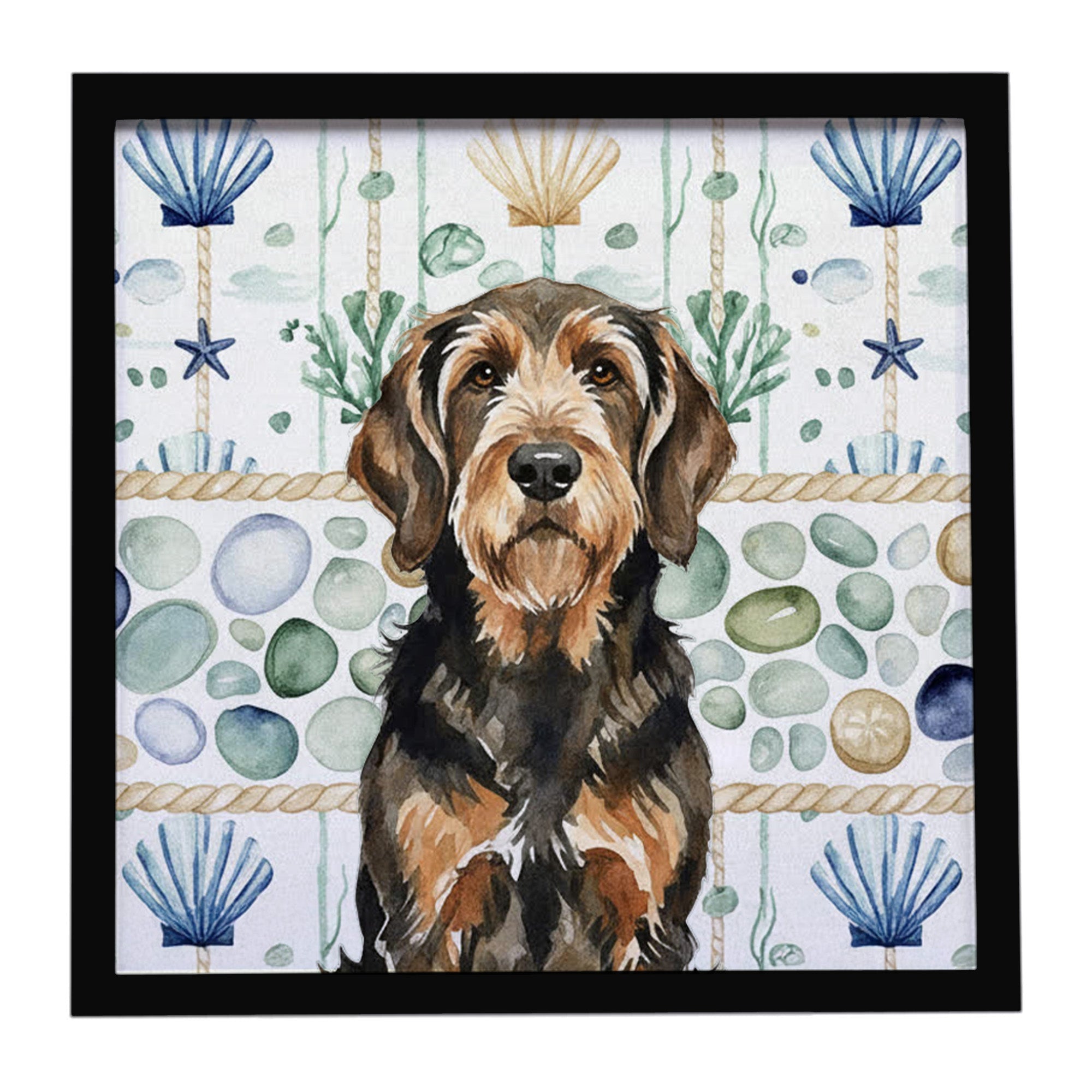 Black and Tan Otterhound Coastal Sea Glass Framed Metal Print Bathroom, Kitchen, Office, Home Decor Wall Art Ready to Hang, Square, 8X8