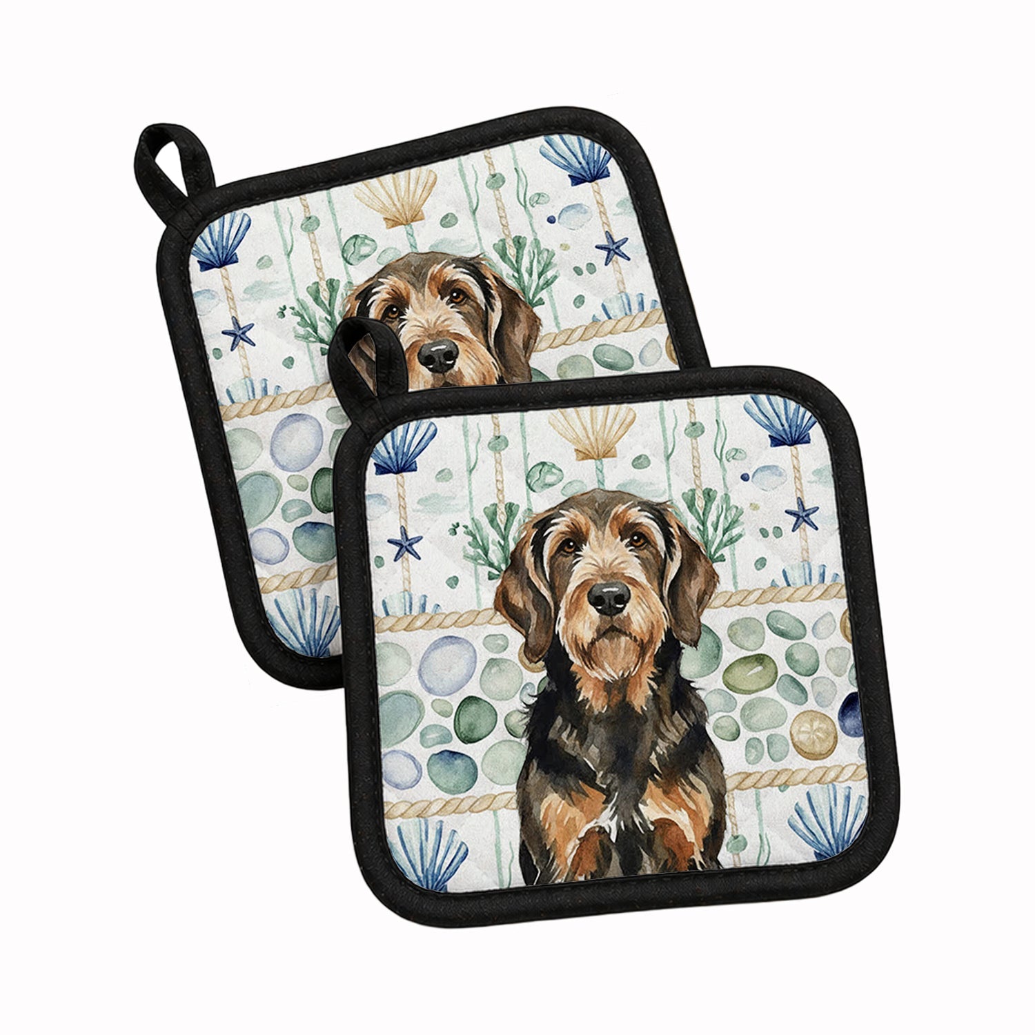 Black and Tan Otterhound Coastal Sea Glass Pot Holder Set of 2 Heat Resistant Quilted Hot Pads 7.5 x 7.5 Inch, Insulated Kitchen Trivets for Cooking & Baking