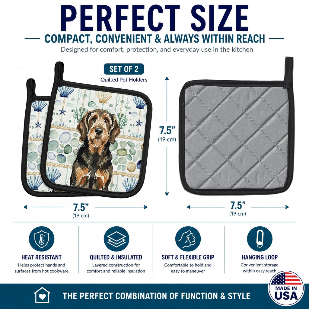 Black and Tan Otterhound Coastal Sea Glass Pot Holder Set of 2 Heat Resistant Quilted Hot Pads 7.5 x 7.5 Inch, Insulated Kitchen Trivets for Cooking & Baking