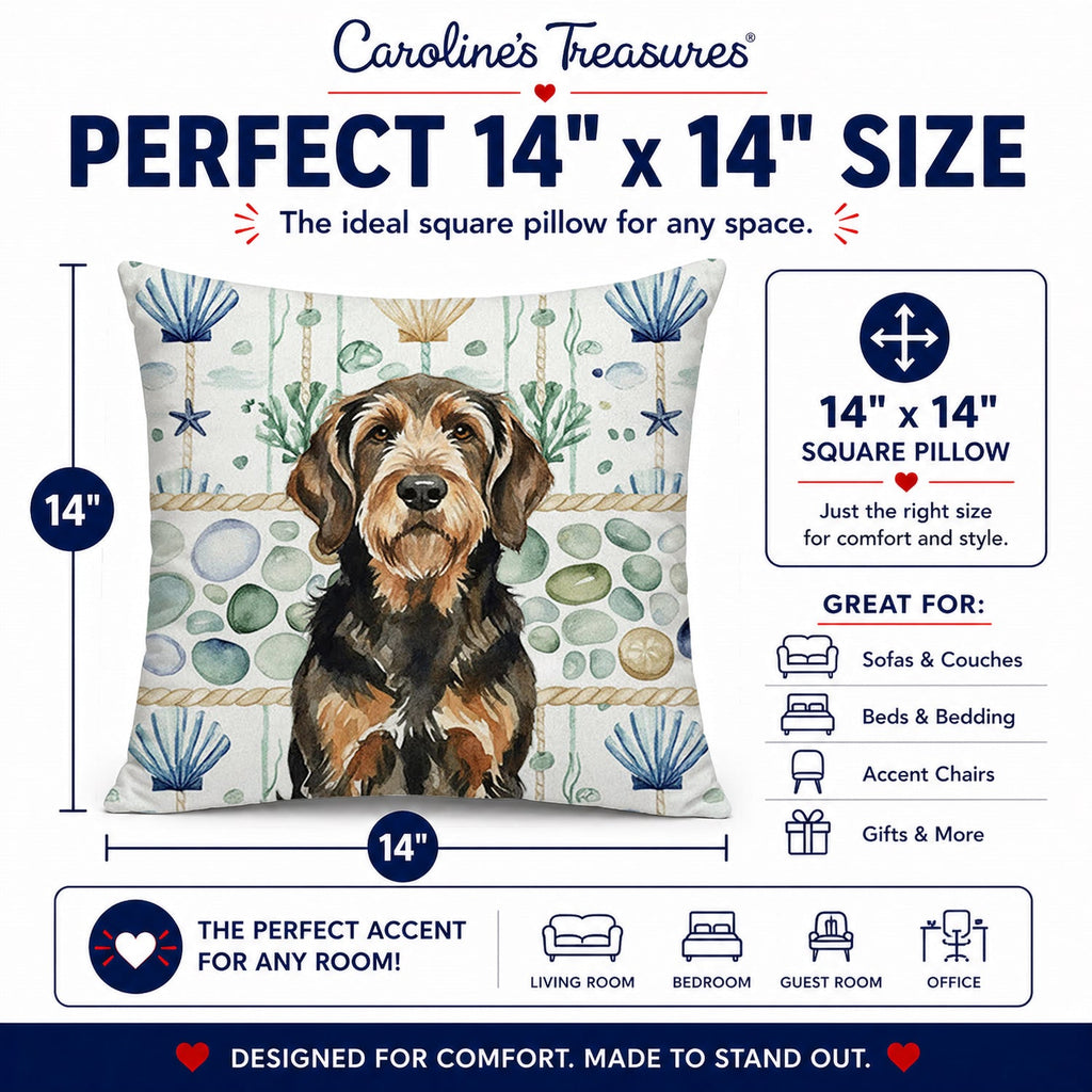 Black and Tan Otterhound Coastal Sea Glass Decorative Throw Pillow 14x14 Indoor Outdoor Accent Cushion, Fabric Cover with Insert for Sofa, Bed, Porch & Living Room