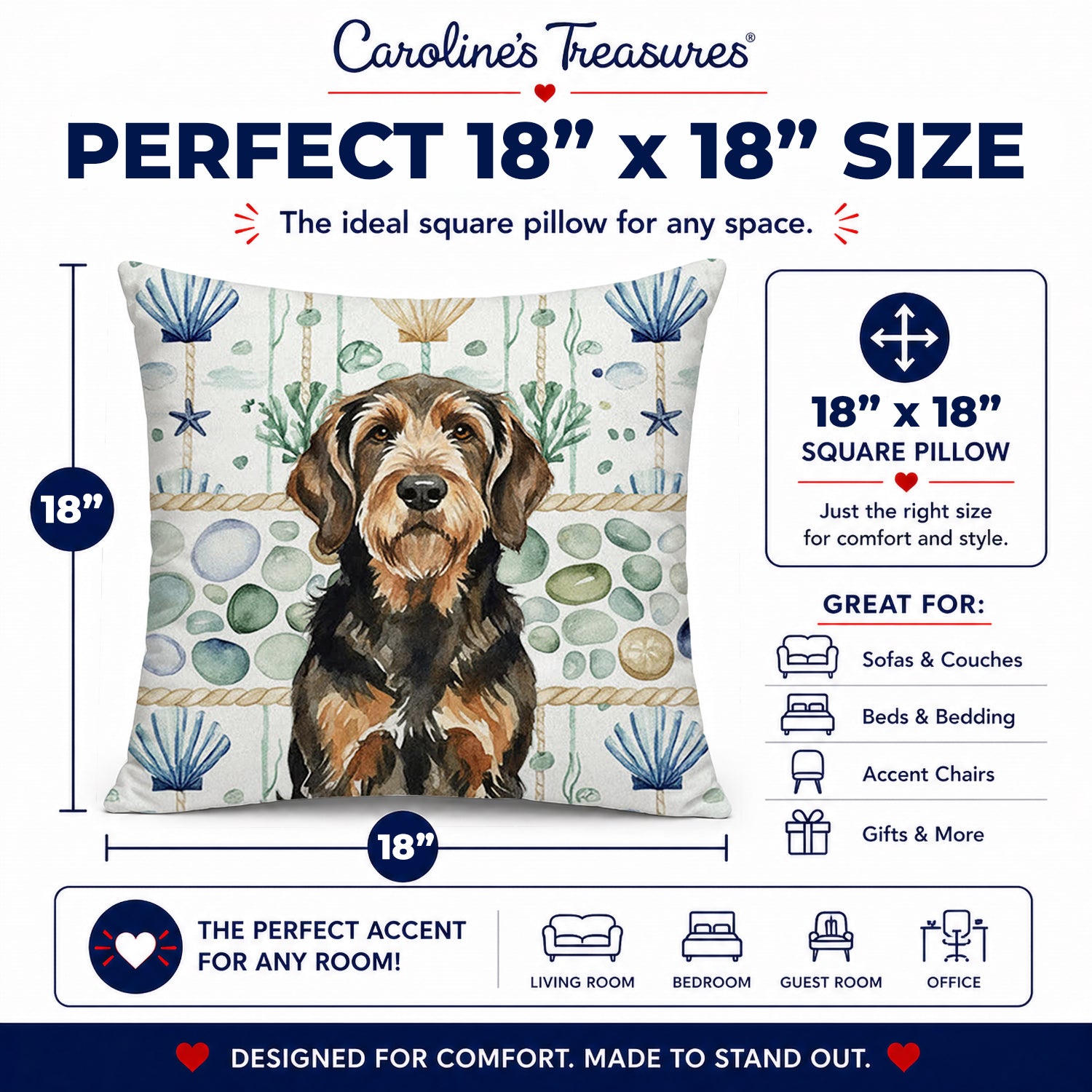 Black and Tan Otterhound Coastal Sea Glass Decorative Throw Pillow 18x18 Indoor Outdoor Accent Cushion, Fabric Cover with Insert for Sofa, Bed, Porch & Living Room
