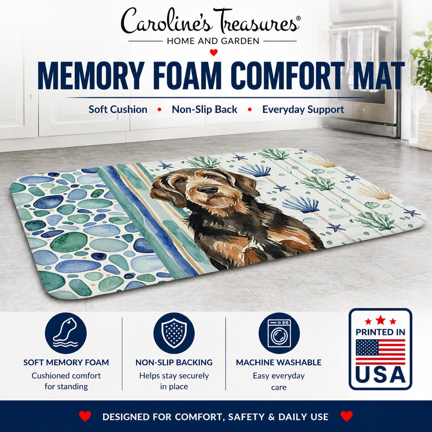 Black and Tan Otterhound Coastal Sea Glass Memory Foam Kitchen Mat Machine Washable Anti-Fatigue Cushion Comfort Bath or Kitchen Rug