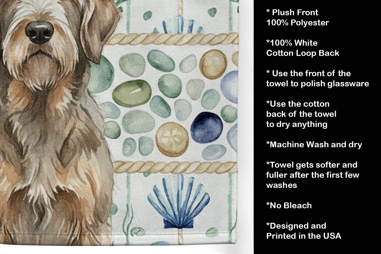 Grizzle and Tan Otterhound Coastal Sea Glass Kitchen Towel Velour Plush Front and Cotton Loop Back Machine Washable