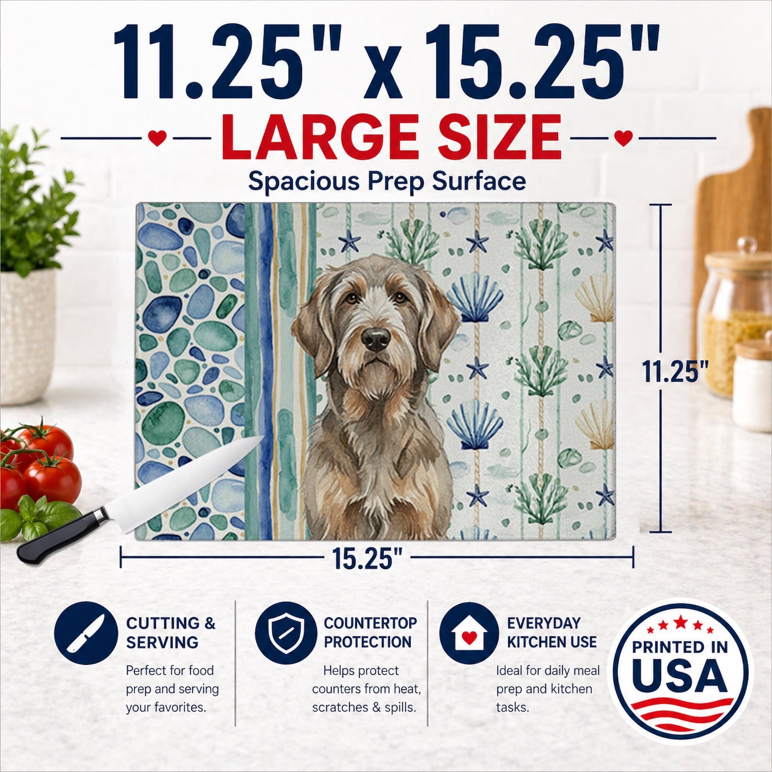 Grizzle and Tan Otterhound Coastal Sea Glass Cutting Board Tempered Glass Kitchen Cutting Surface, Heat Resistant Chopping, Non-Slip Feet, Food Prep & Serving