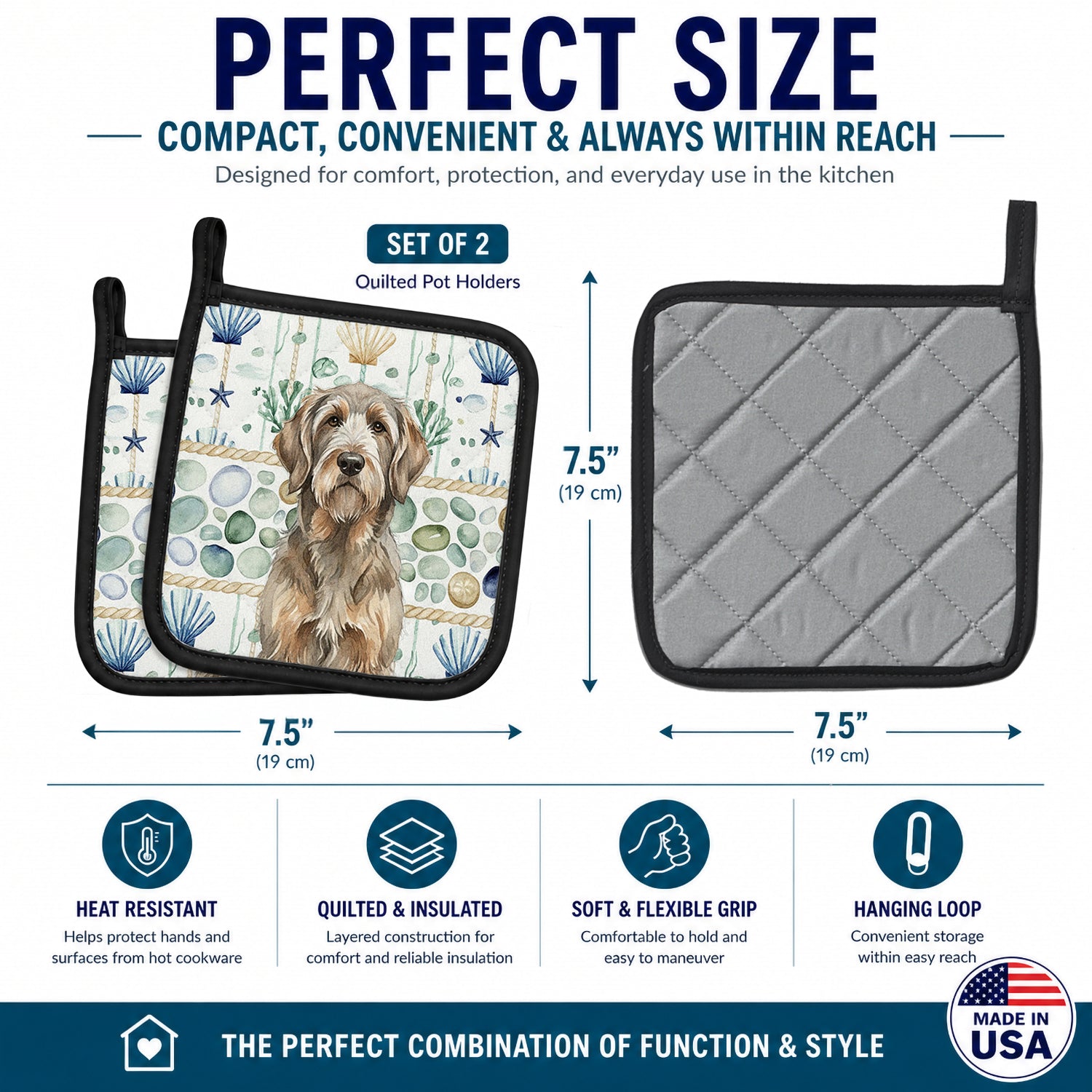 Grizzle and Tan Otterhound Coastal Sea Glass Pot Holder Set of 2 Heat Resistant Quilted Hot Pads 7.5 x 7.5 Inch, Insulated Kitchen Trivets for Cooking & Baking