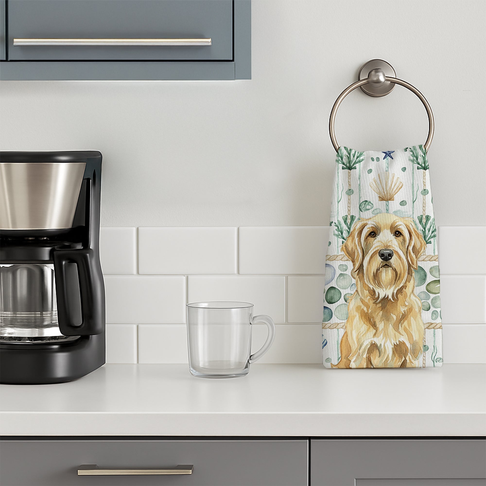 Wheaten and Tan Otterhound Coastal Sea Glass Kitchen Towel Velour Plush Front and Cotton Loop Back Machine Washable