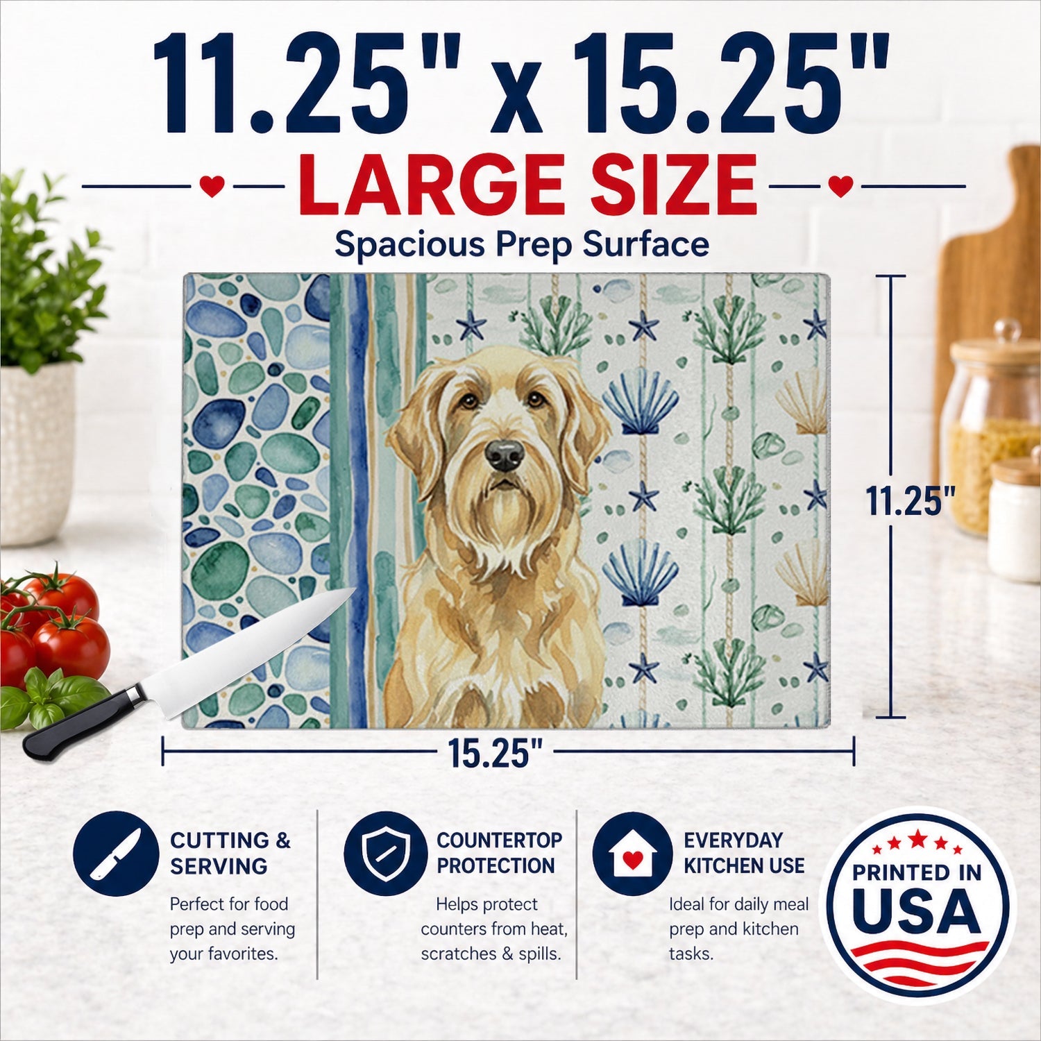 Wheaten and Tan Otterhound Coastal Sea Glass Cutting Board Tempered Glass Kitchen Cutting Surface, Heat Resistant Chopping, Non-Slip Feet, Food Prep & Serving