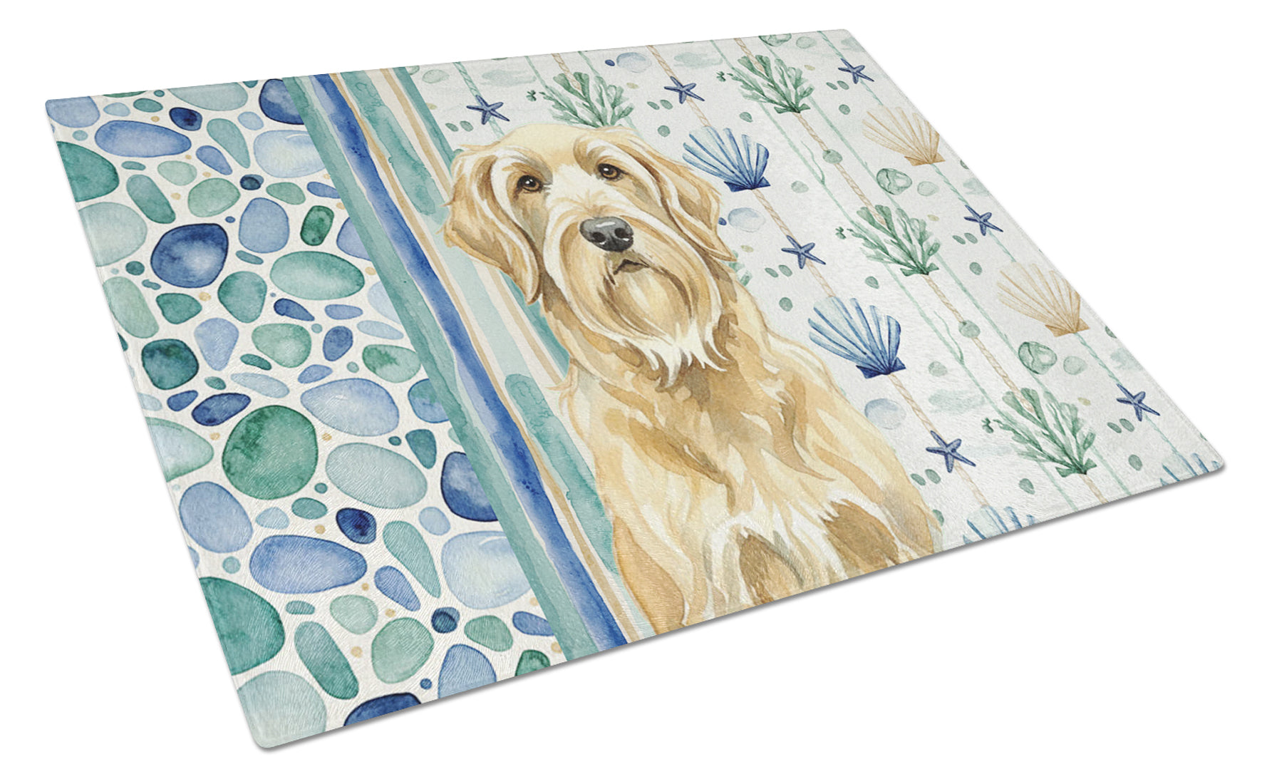 Wheaten and Tan Otterhound Coastal Sea Glass Cutting Board Tempered Glass Kitchen Cutting Surface, Heat Resistant Chopping, Non-Slip Feet, Food Prep & Serving