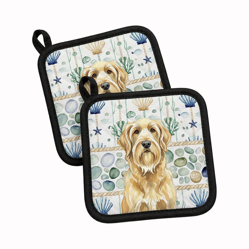 Wheaten and Tan Otterhound Coastal Sea Glass Pot Holder Set of 2 Heat Resistant Quilted Hot Pads 7.5 x 7.5 Inch, Insulated Kitchen Trivets for Cooking & Baking