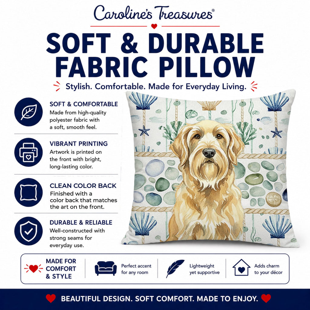 Wheaten and Tan Otterhound Coastal Sea Glass Decorative Throw Pillow 14x14 Indoor Outdoor Accent Cushion, Fabric Cover with Insert for Sofa, Bed, Porch & Living Room