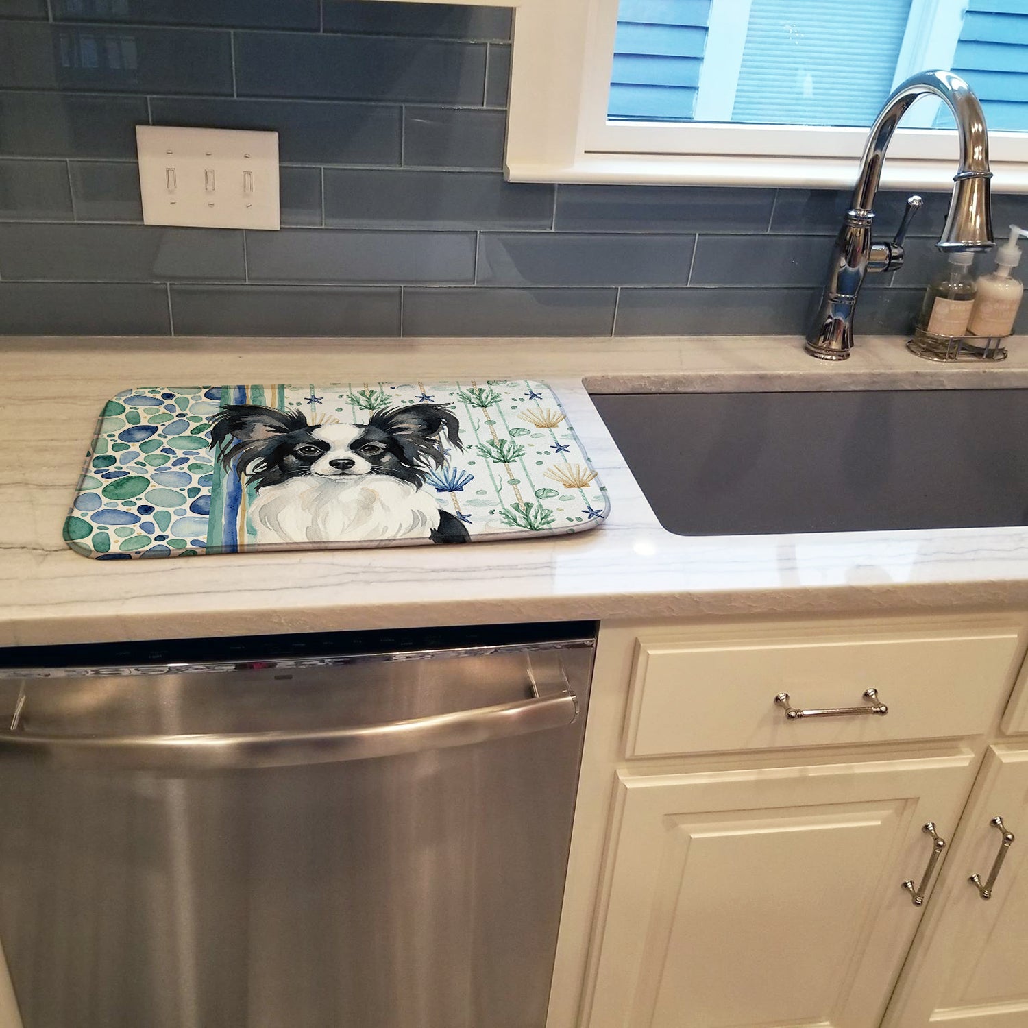 Black and White Papillon Coastal Sea Glass Dish Drying Mat Absorbent Dish Drying Mat Pad for Kitchen Counter Dish Drainer Mat for Countertop, 14 x 21", Multicolor