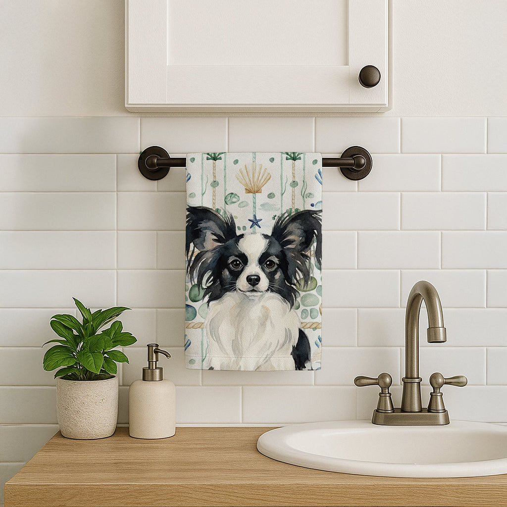 Black and White Papillon Coastal Sea Glass Kitchen Towel Velour Plush Front and Cotton Loop Back Machine Washable