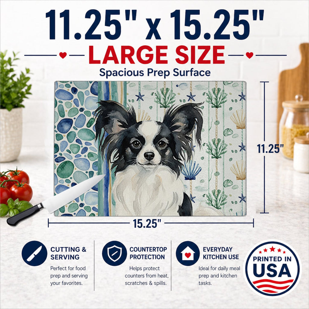 Black and White Papillon Coastal Sea Glass Cutting Board Tempered Glass Kitchen Cutting Surface, Heat Resistant Chopping, Non-Slip Feet, Food Prep & Serving