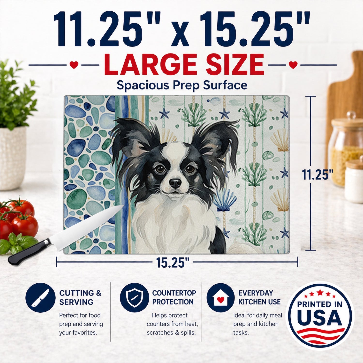 Black and White Papillon Coastal Sea Glass Cutting Board Tempered Glass Kitchen Cutting Surface, Heat Resistant Chopping, Non-Slip Feet, Food Prep & Serving
