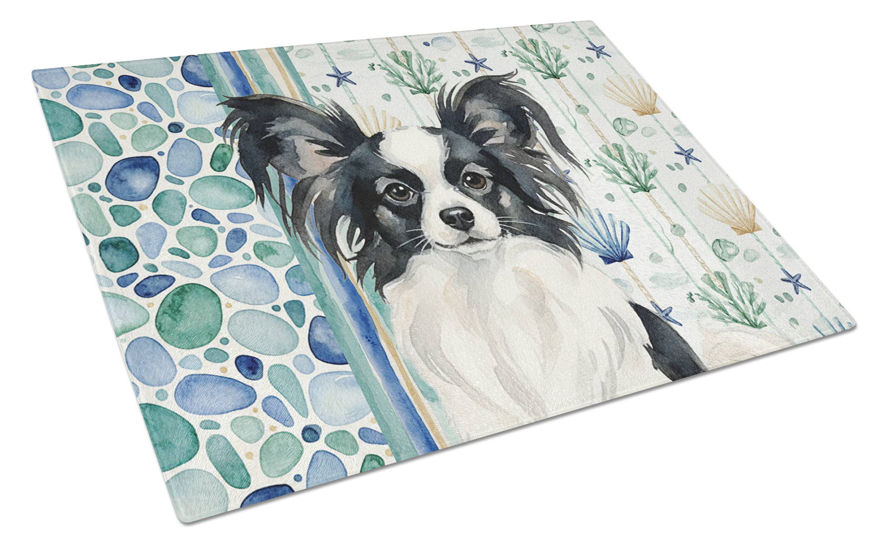 Black and White Papillon Coastal Sea Glass Cutting Board Tempered Glass Kitchen Cutting Surface, Heat Resistant Chopping, Non-Slip Feet, Food Prep & Serving