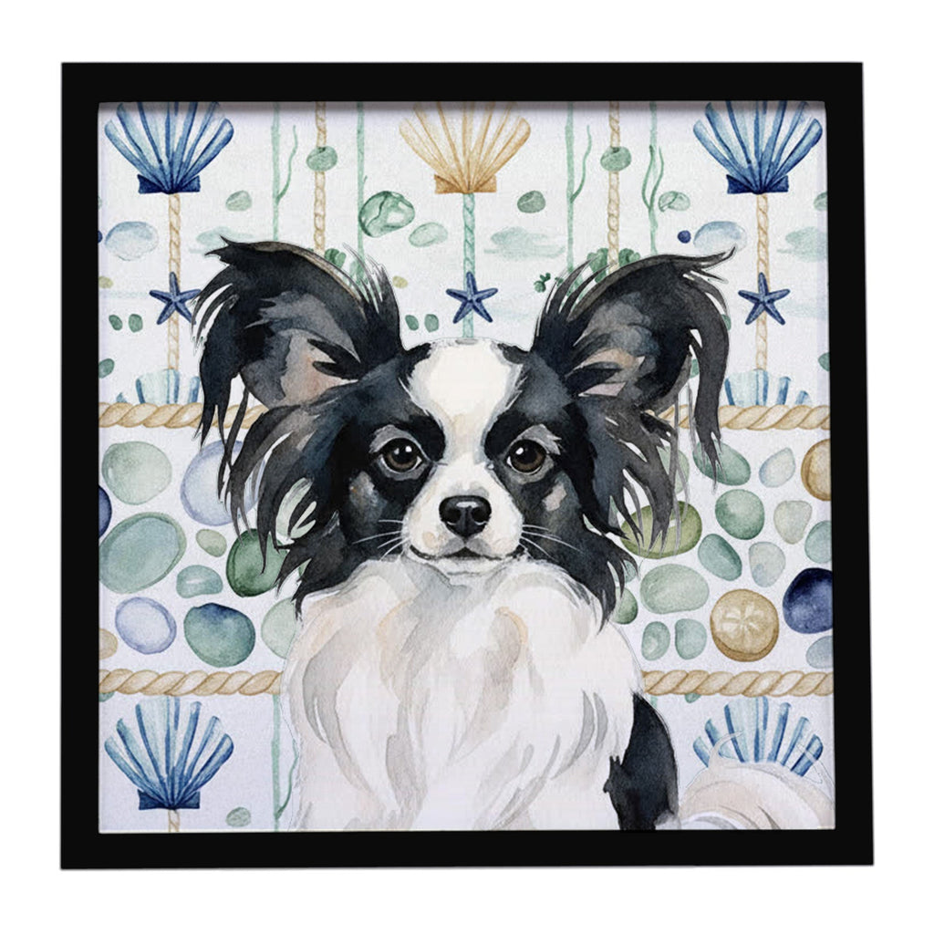 Black and White Papillon Coastal Sea Glass Framed Metal Print Bathroom, Kitchen, Office, Home Decor Wall Art Ready to Hang, Square, 8X8
