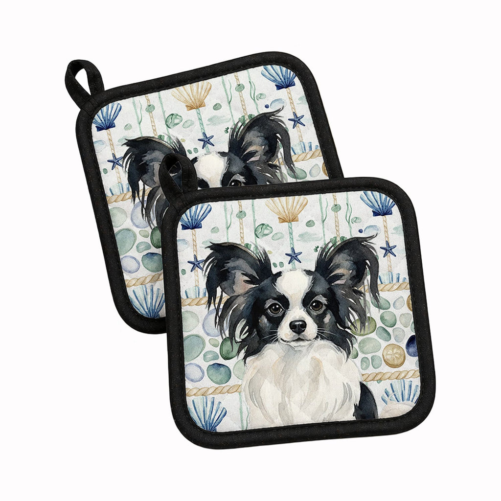 Black and White Papillon Coastal Sea Glass Pot Holder Set of 2 Heat Resistant Quilted Hot Pads 7.5 x 7.5 Inch, Insulated Kitchen Trivets for Cooking & Baking