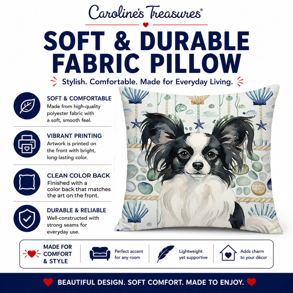 Black and White Papillon Coastal Sea Glass Decorative Throw Pillow 18x18 Indoor Outdoor Accent Cushion, Fabric Cover with Insert for Sofa, Bed, Porch & Living Room