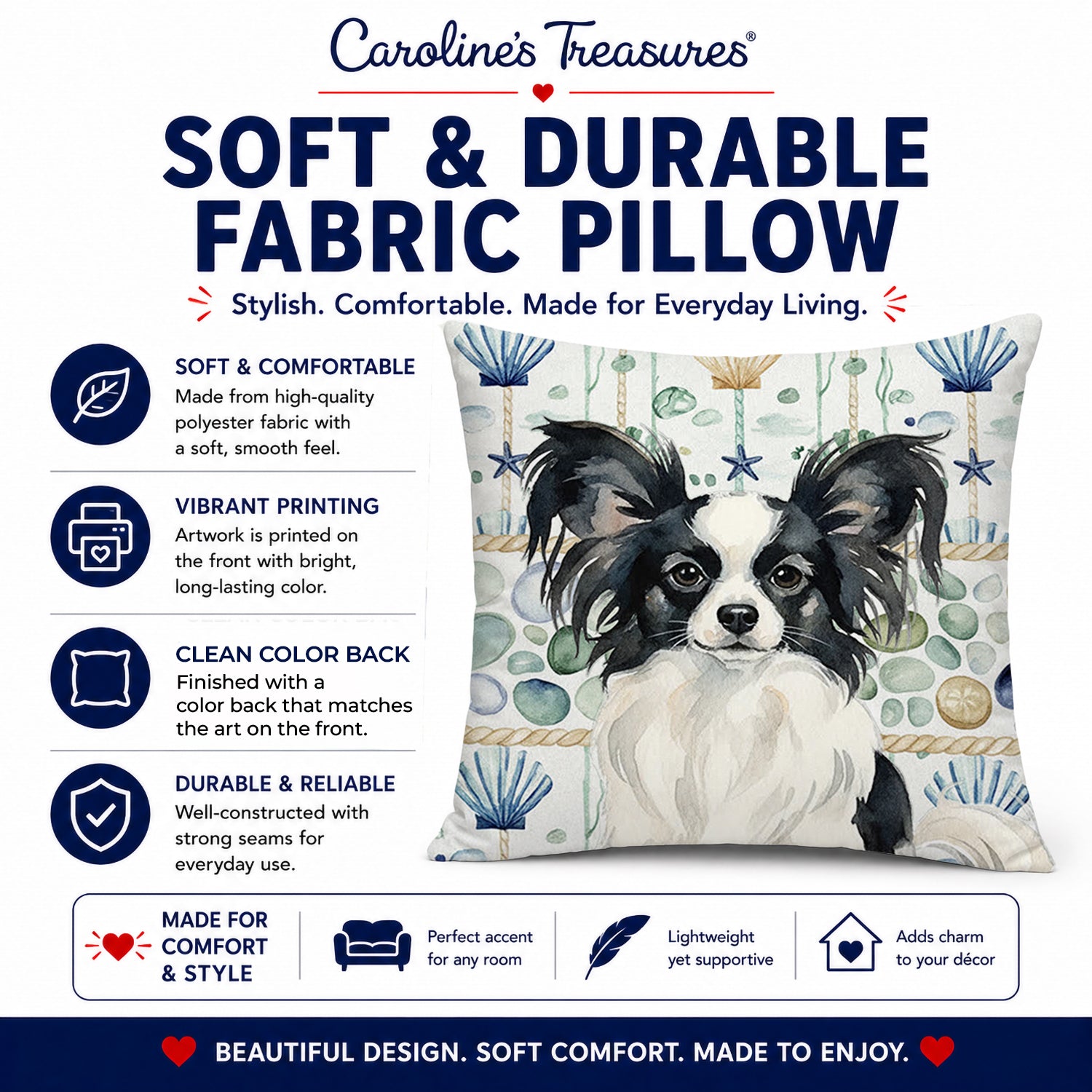 Black and White Papillon Coastal Sea Glass Decorative Throw Pillow 18x18 Indoor Outdoor Accent Cushion, Fabric Cover with Insert for Sofa, Bed, Porch & Living Room