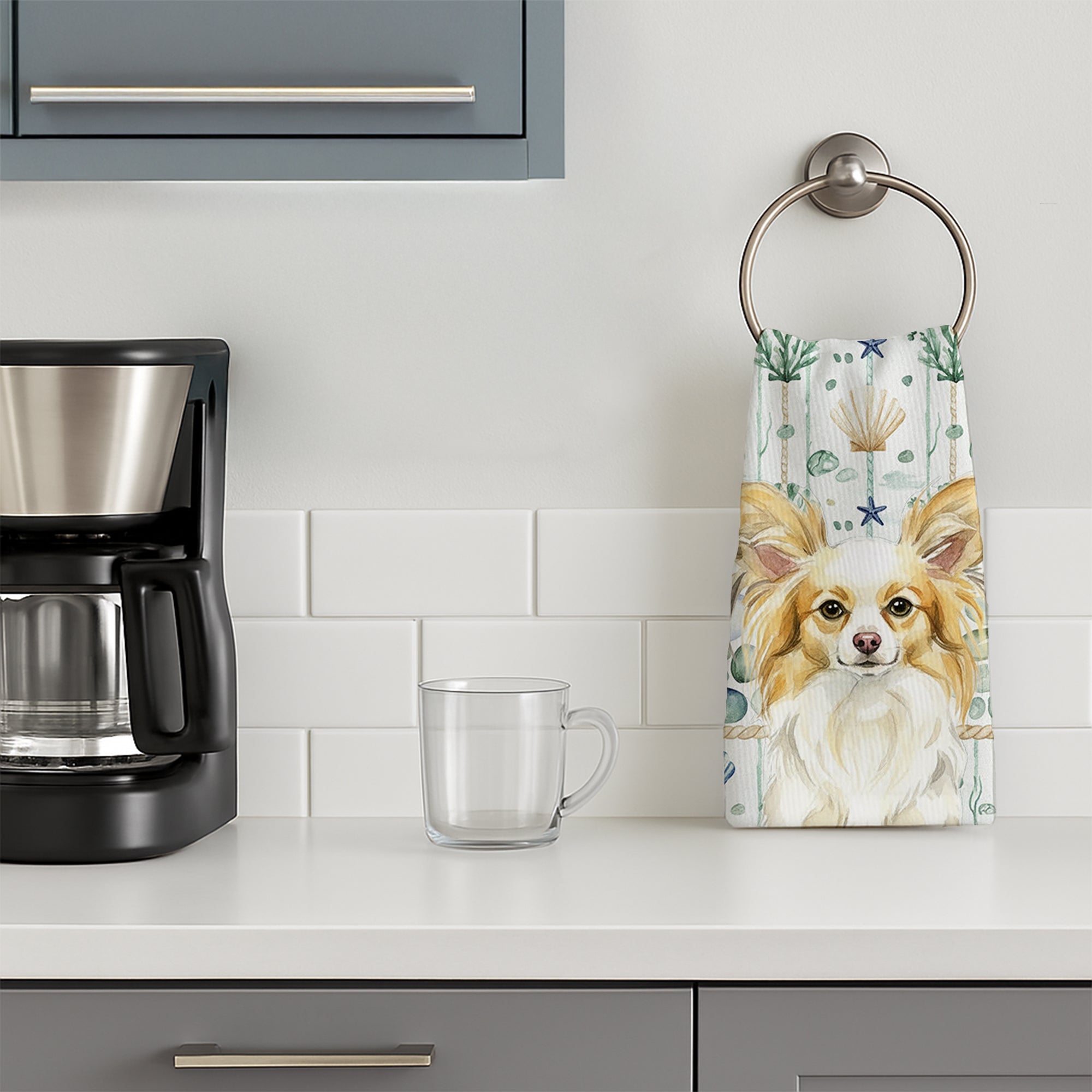 Lemon and White Papillon Coastal Sea Glass Kitchen Towel Velour Plush Front and Cotton Loop Back Machine Washable
