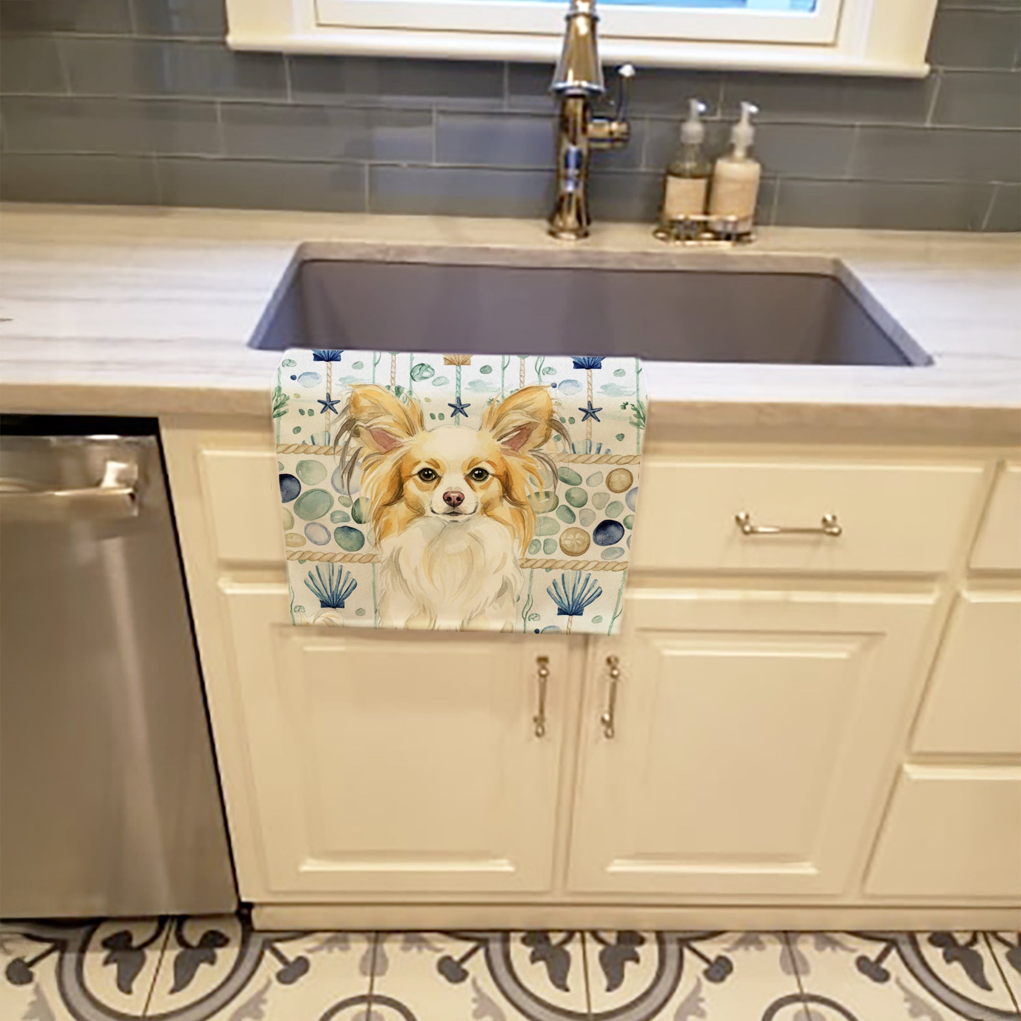 Lemon and White Papillon Coastal Sea Glass Kitchen Towel Velour Plush Front and Cotton Loop Back Machine Washable