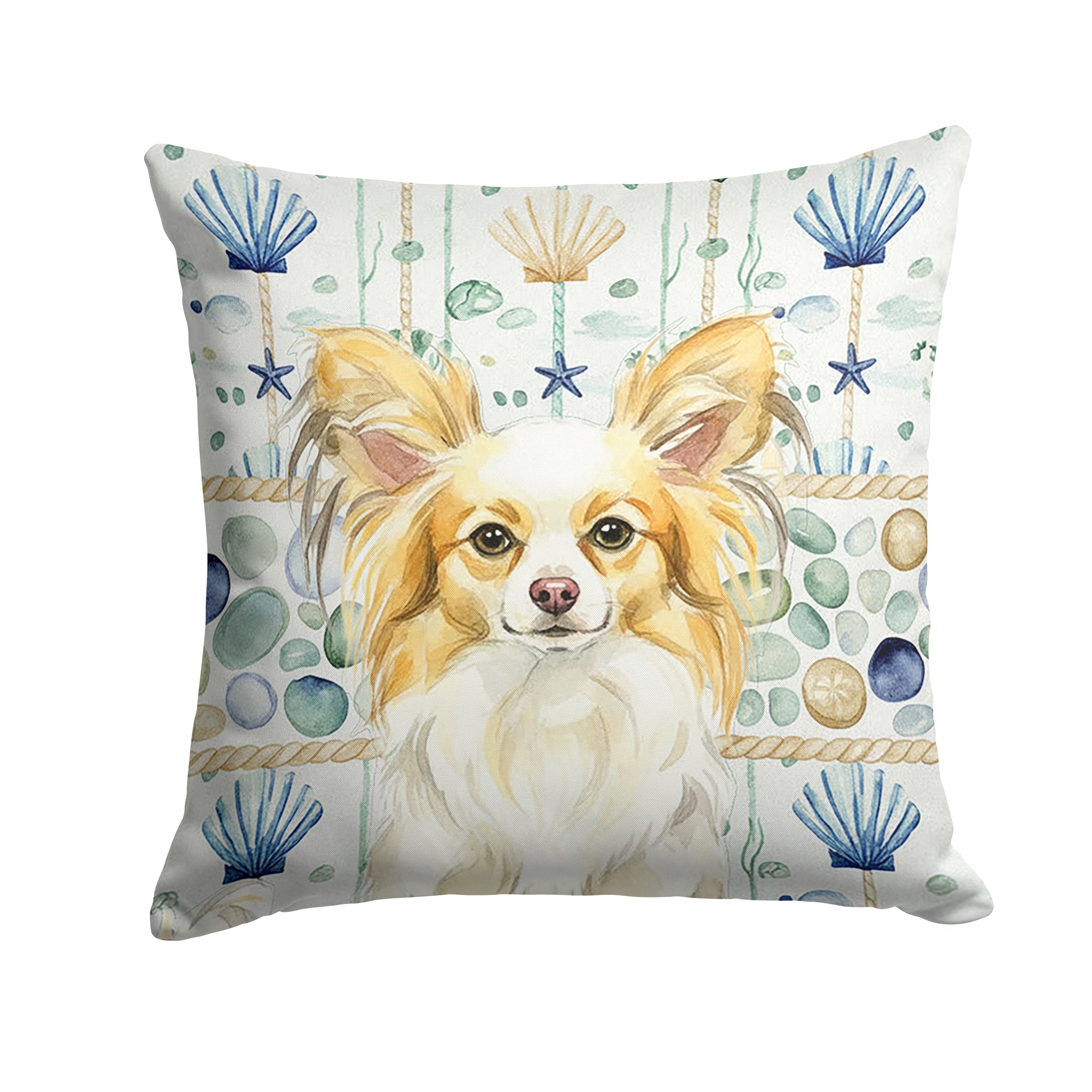 Lemon and White Papillon Coastal Sea Glass Decorative Throw Pillow 14x14 Indoor Outdoor Accent Cushion, Fabric Cover with Insert for Sofa, Bed, Porch & Living Room