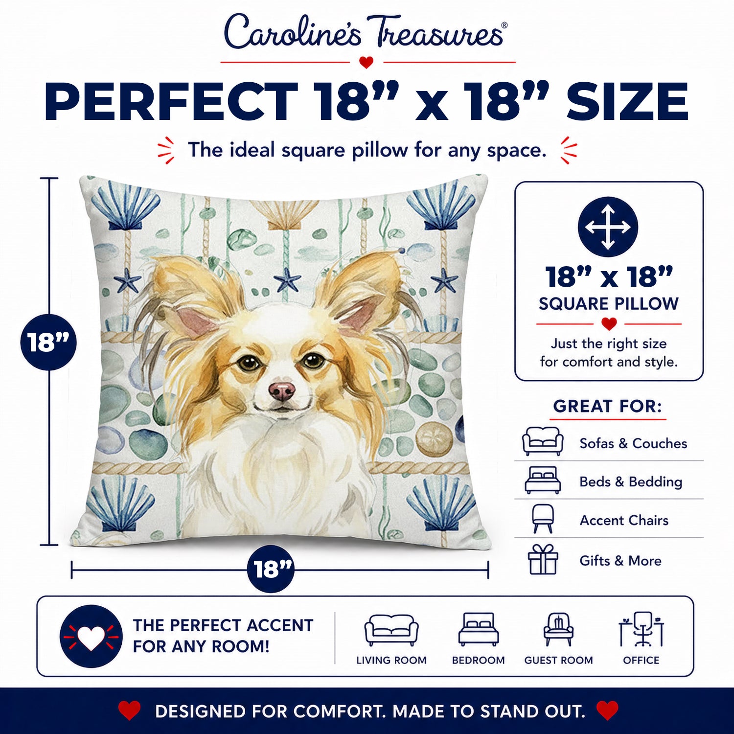 Lemon and White Papillon Coastal Sea Glass Decorative Throw Pillow 18x18 Indoor Outdoor Accent Cushion, Fabric Cover with Insert for Sofa, Bed, Porch & Living Room