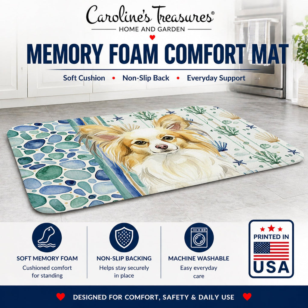 Lemon and White Papillon Coastal Sea Glass Memory Foam Kitchen Mat Machine Washable Anti-Fatigue Cushion Comfort Bath or Kitchen Rug