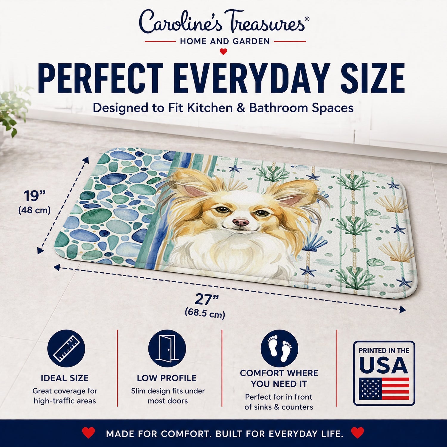 Lemon and White Papillon Coastal Sea Glass Memory Foam Kitchen Mat Machine Washable Anti-Fatigue Cushion Comfort Bath or Kitchen Rug