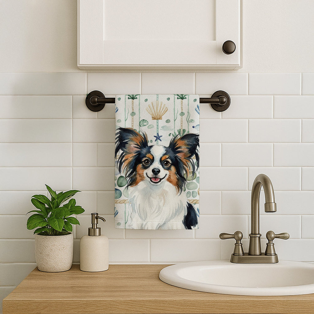 Tricolor Papillon Coastal Sea Glass Kitchen Towel Velour Plush Front and Cotton Loop Back Machine Washable