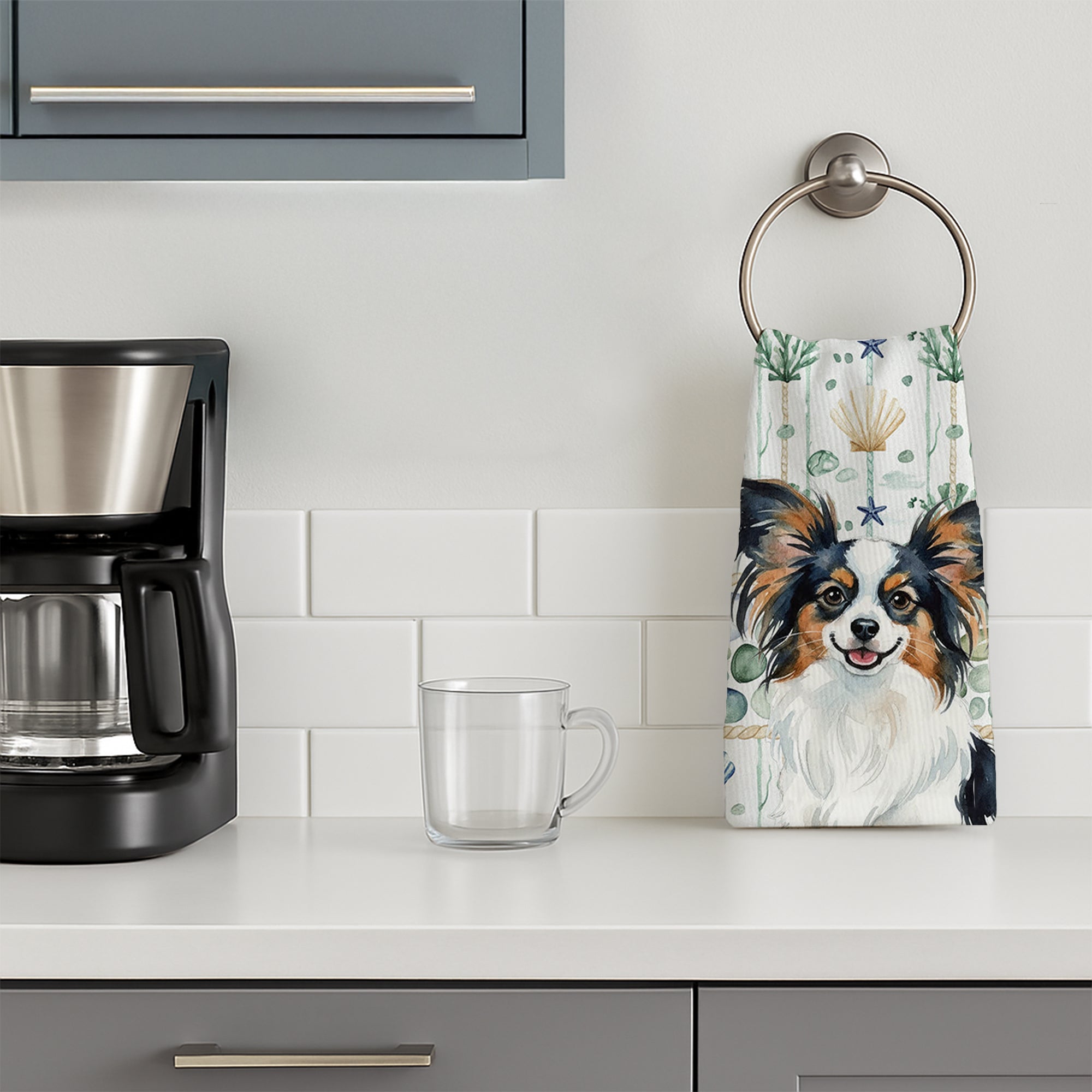 Tricolor Papillon Coastal Sea Glass Kitchen Towel Velour Plush Front and Cotton Loop Back Machine Washable