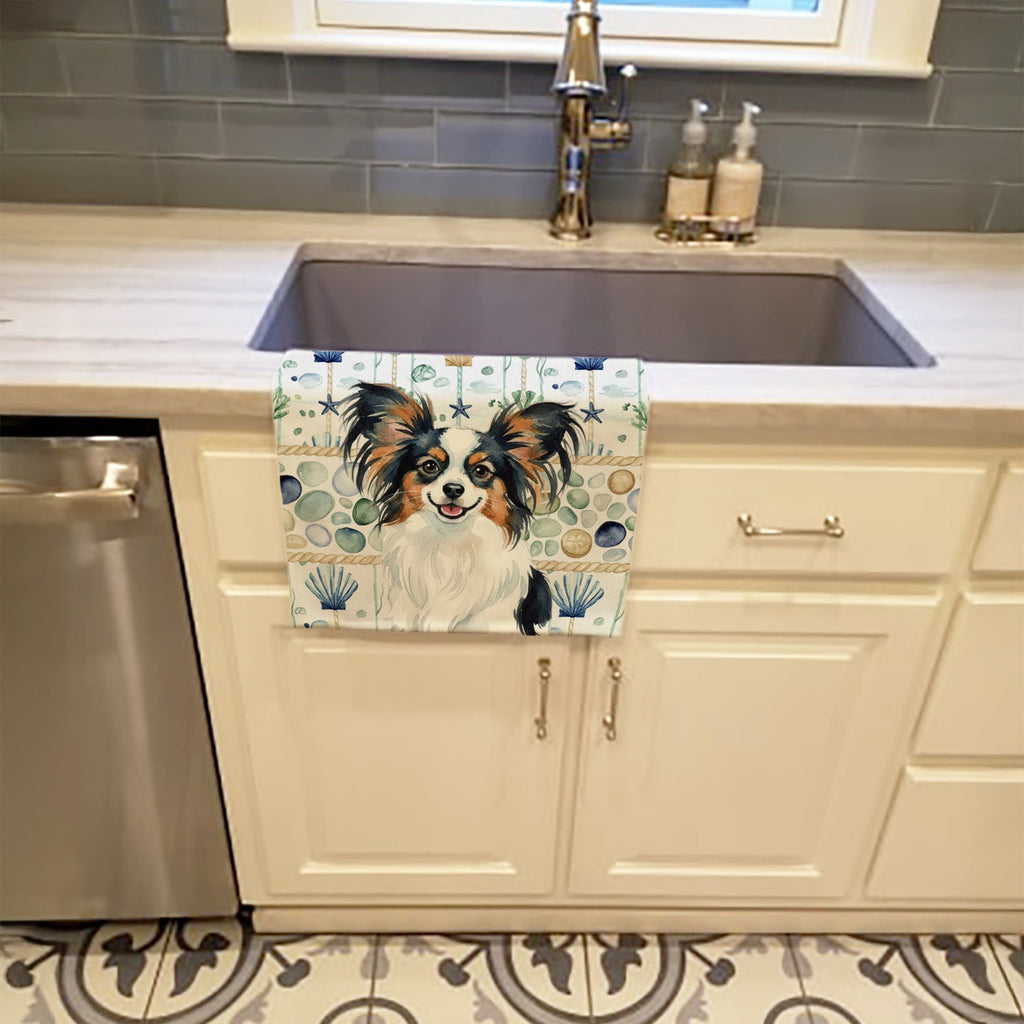 Tricolor Papillon Coastal Sea Glass Kitchen Towel Velour Plush Front and Cotton Loop Back Machine Washable