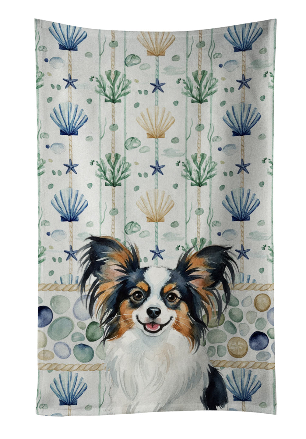 Tricolor Papillon Coastal Sea Glass Kitchen Towel Velour Plush Front and Cotton Loop Back Machine Washable